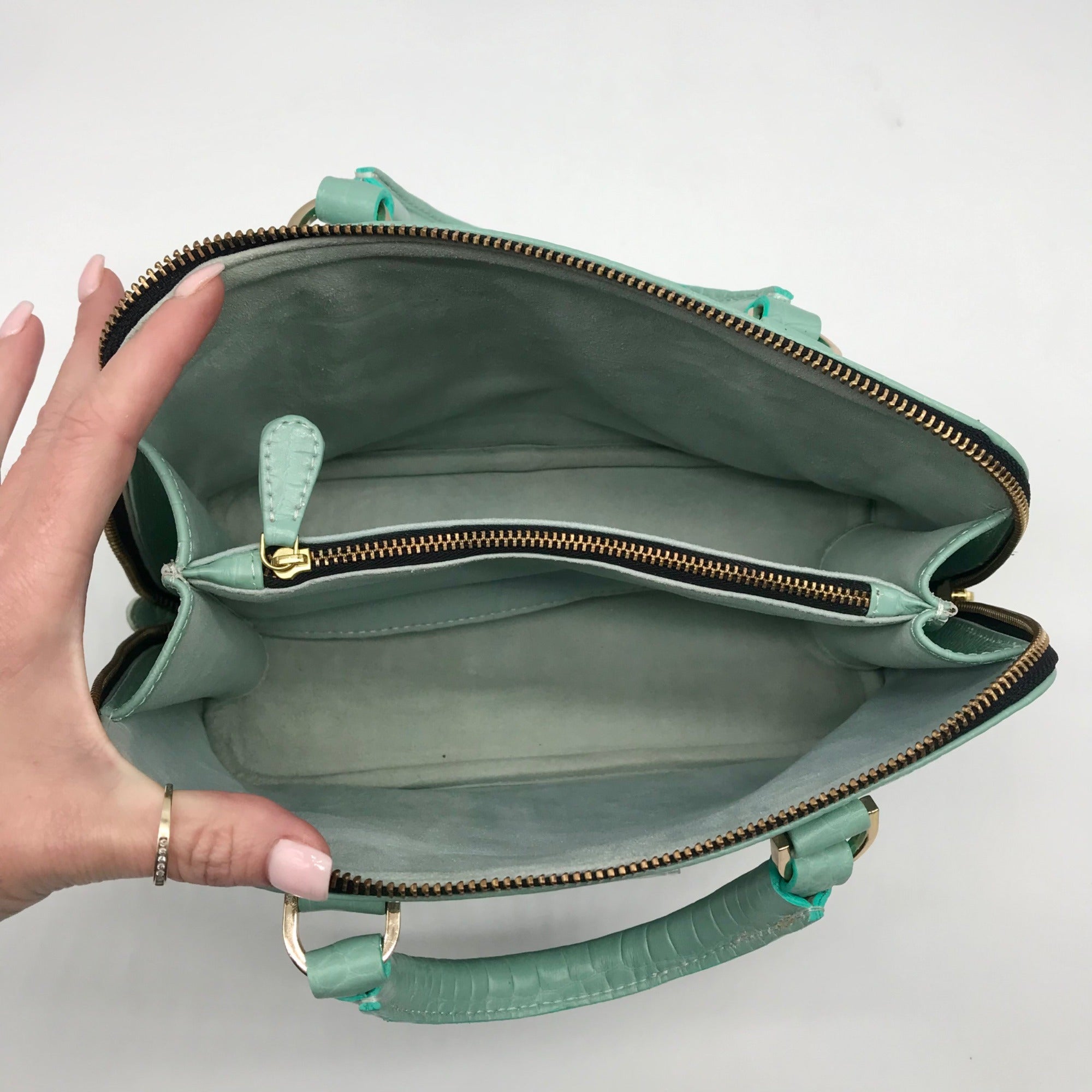 WKND WYFR  Aquamarine Croc Embossed Leather Convertible Satchel