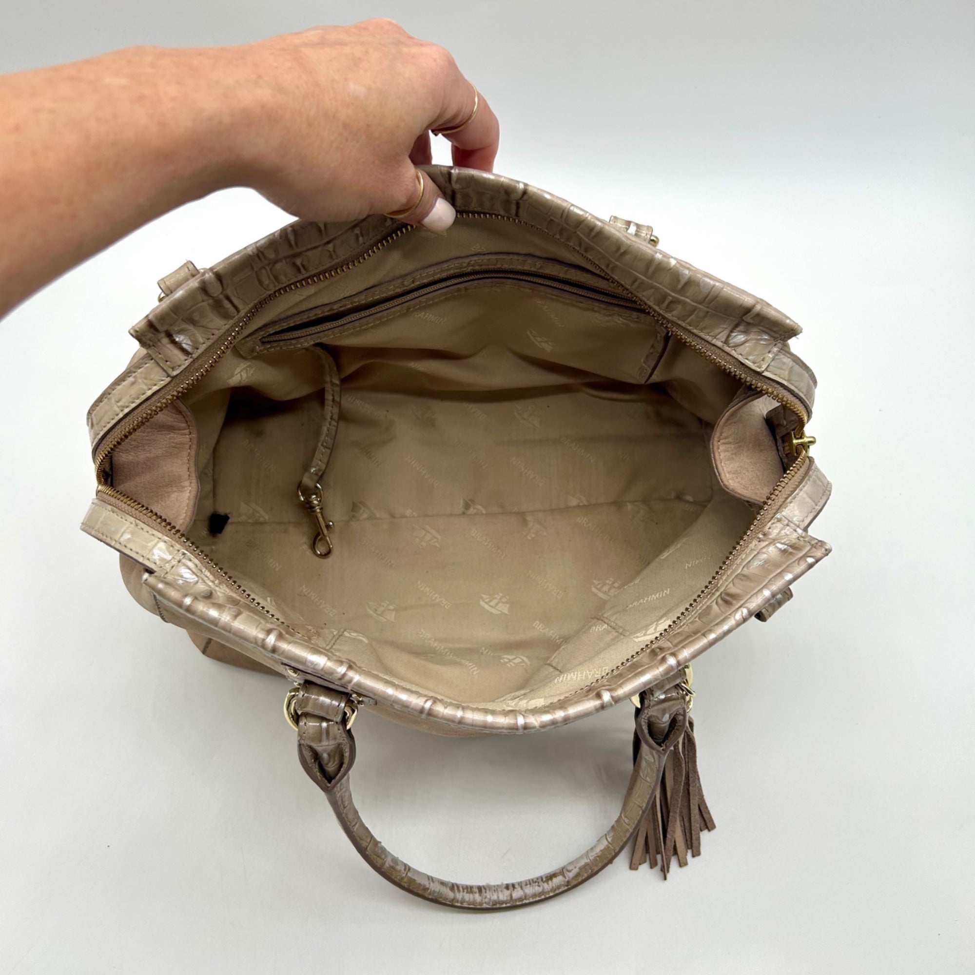 Brahmin Tan Suede Mini Schooner Satchel Bag