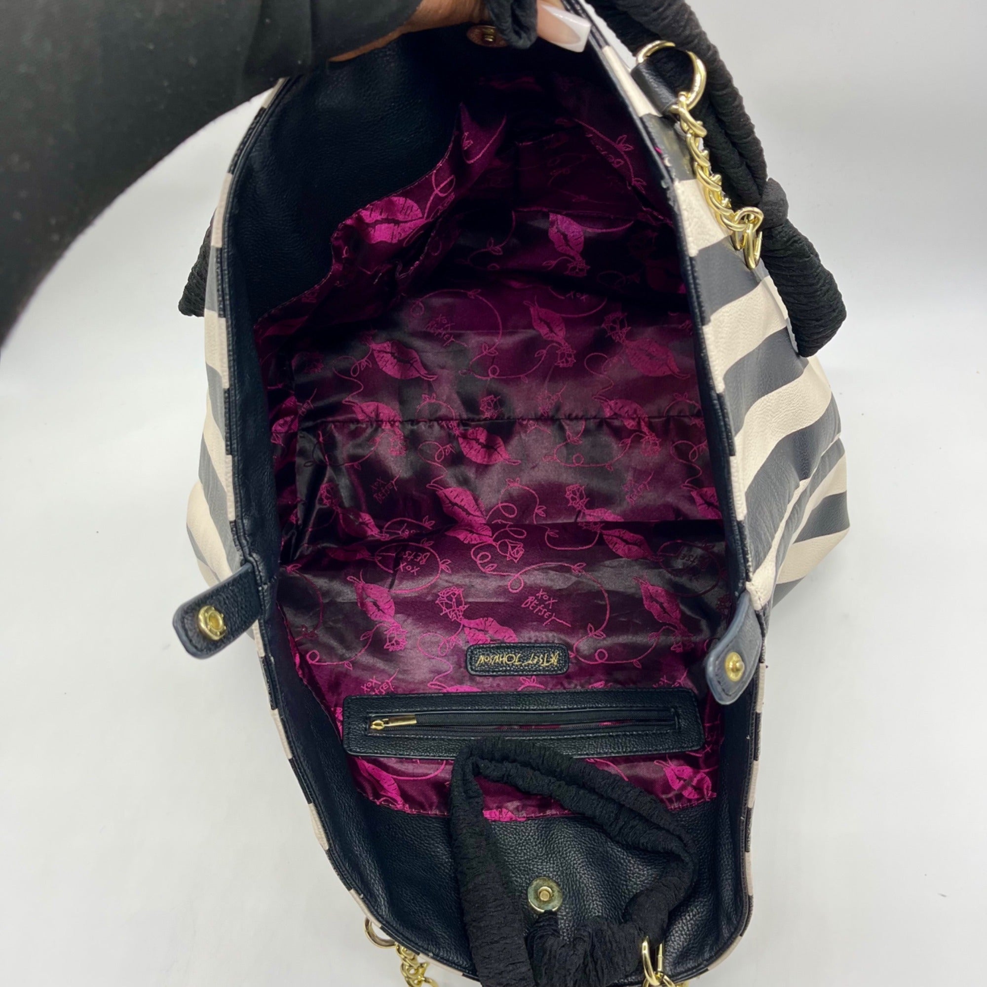 Betsey Johnson Black Striped Faux Leather Tote Bag