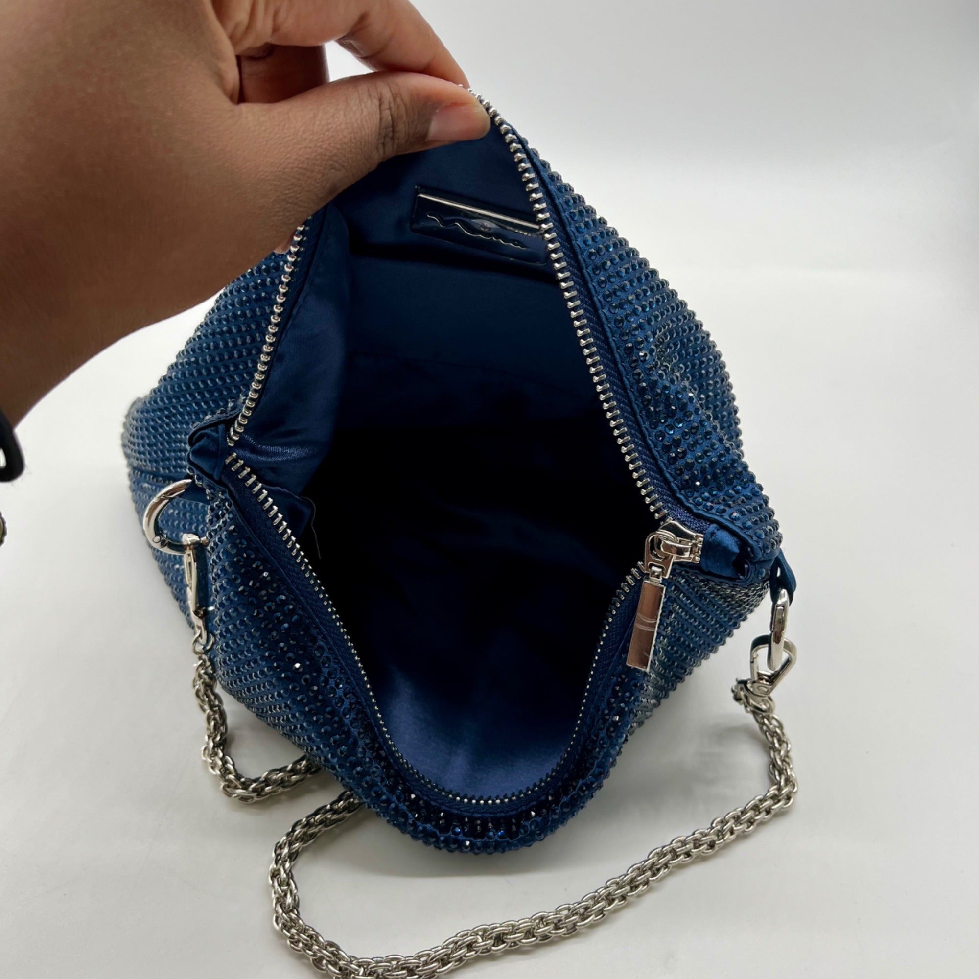 Nina Shoes Navy Glass Crystal Satin Hobo Bag