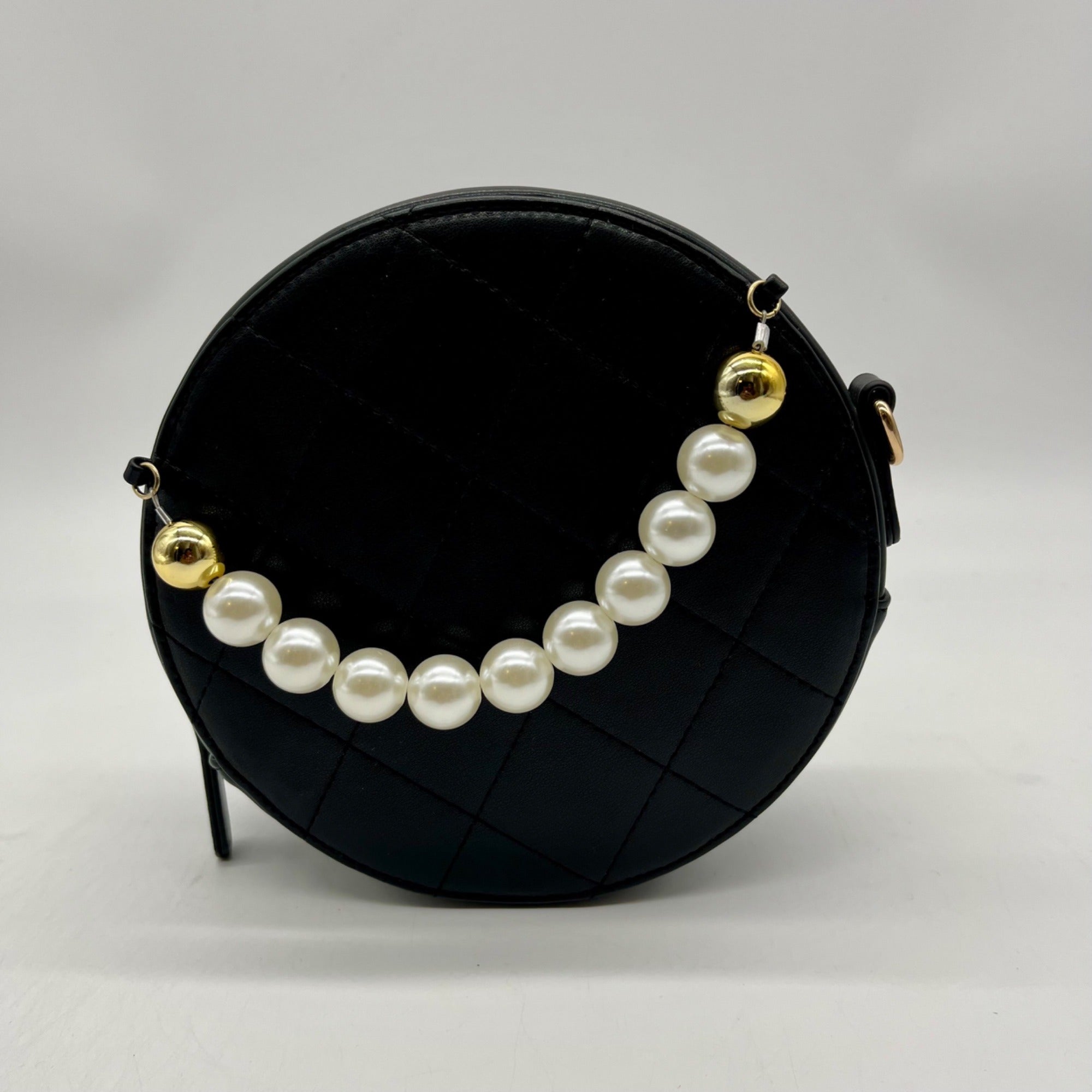 MMS Brands Black Quilted Leather Round Clutch With Chain