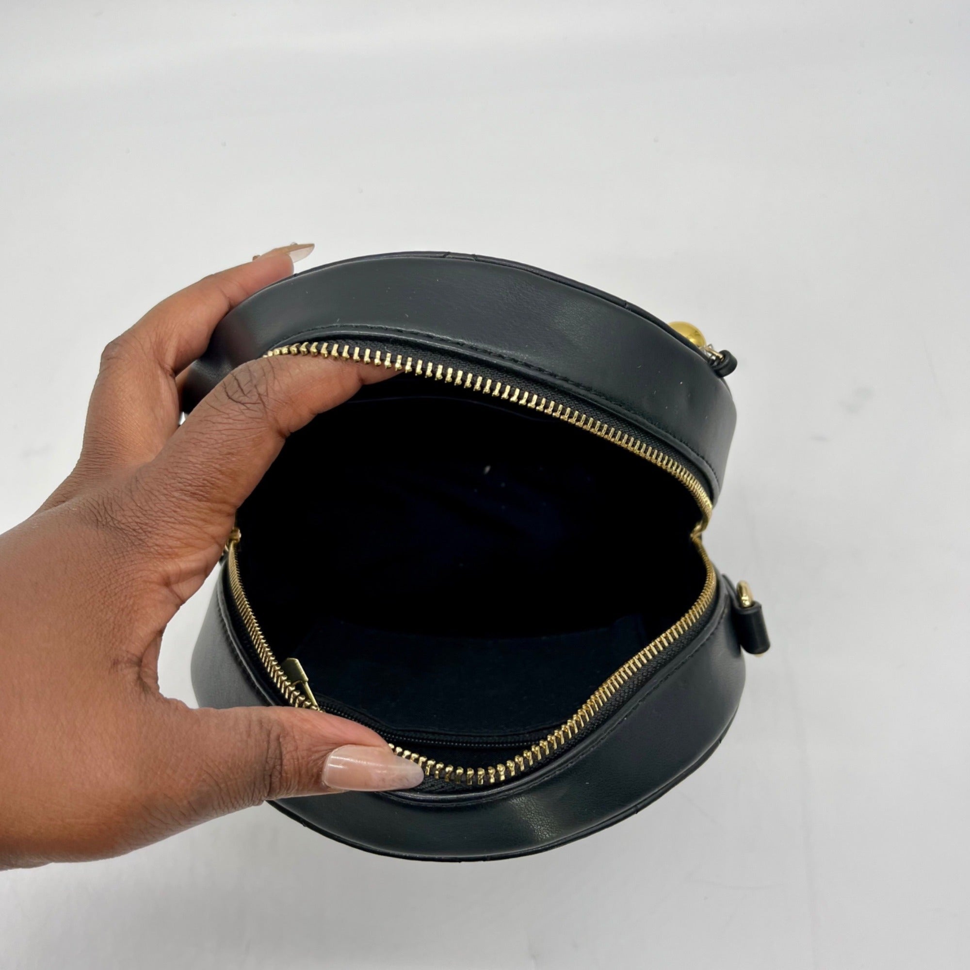 MMS Brands Black Quilted Leather Round Clutch With Chain