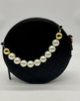 MMS Brands Black Quilted Leather Round Clutch With Chain
