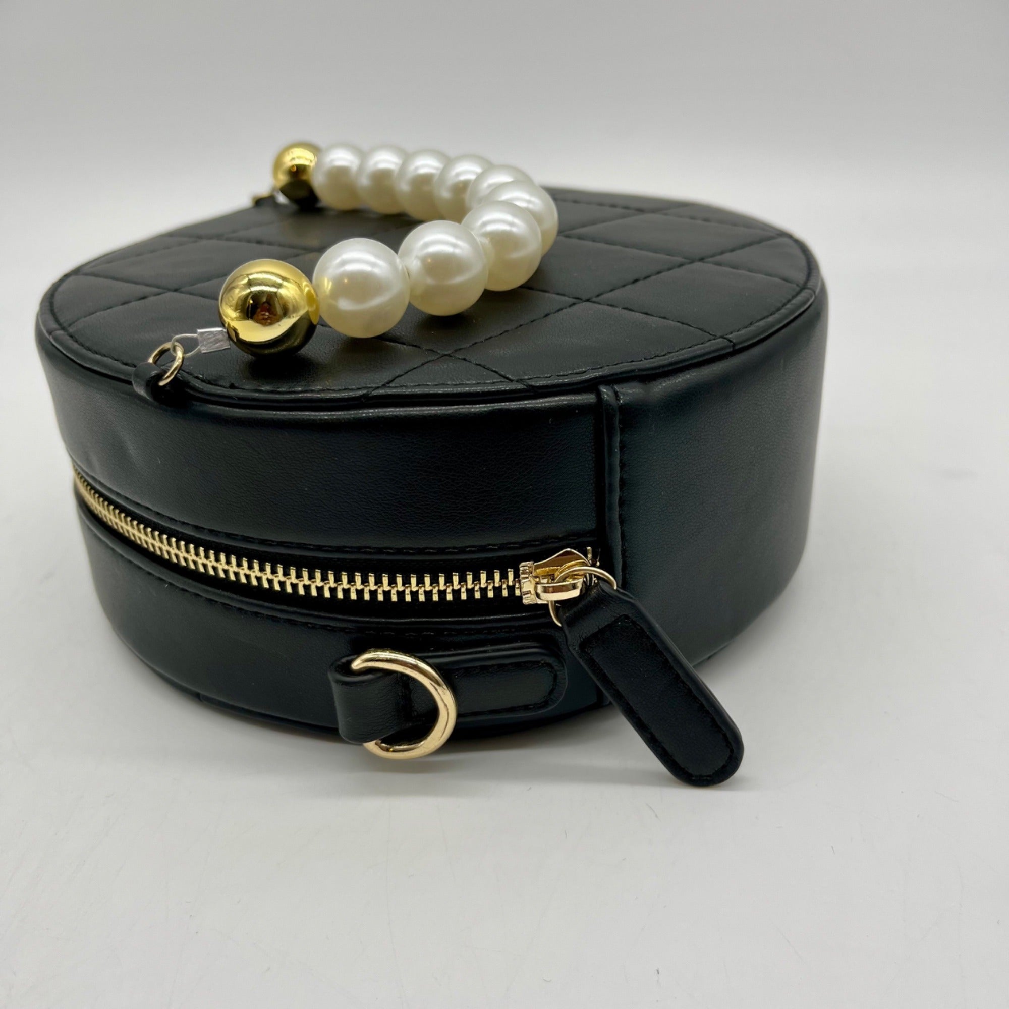 MMS Brands Black Quilted Leather Round Clutch With Chain