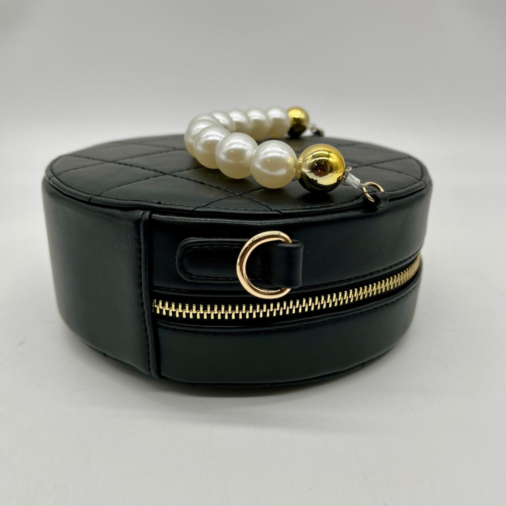 MMS Brands Black Quilted Leather Round Clutch With Chain
