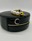 MMS Brands Black Quilted Leather Round Clutch With Chain