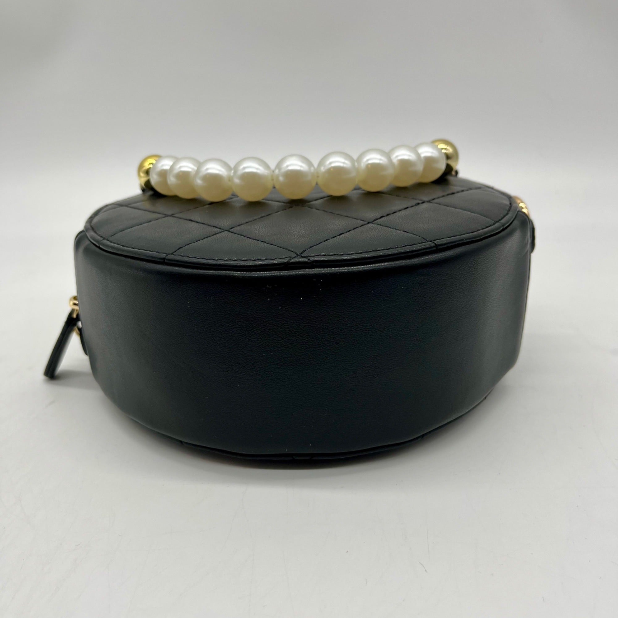 MMS Brands Black Quilted Leather Round Clutch With Chain