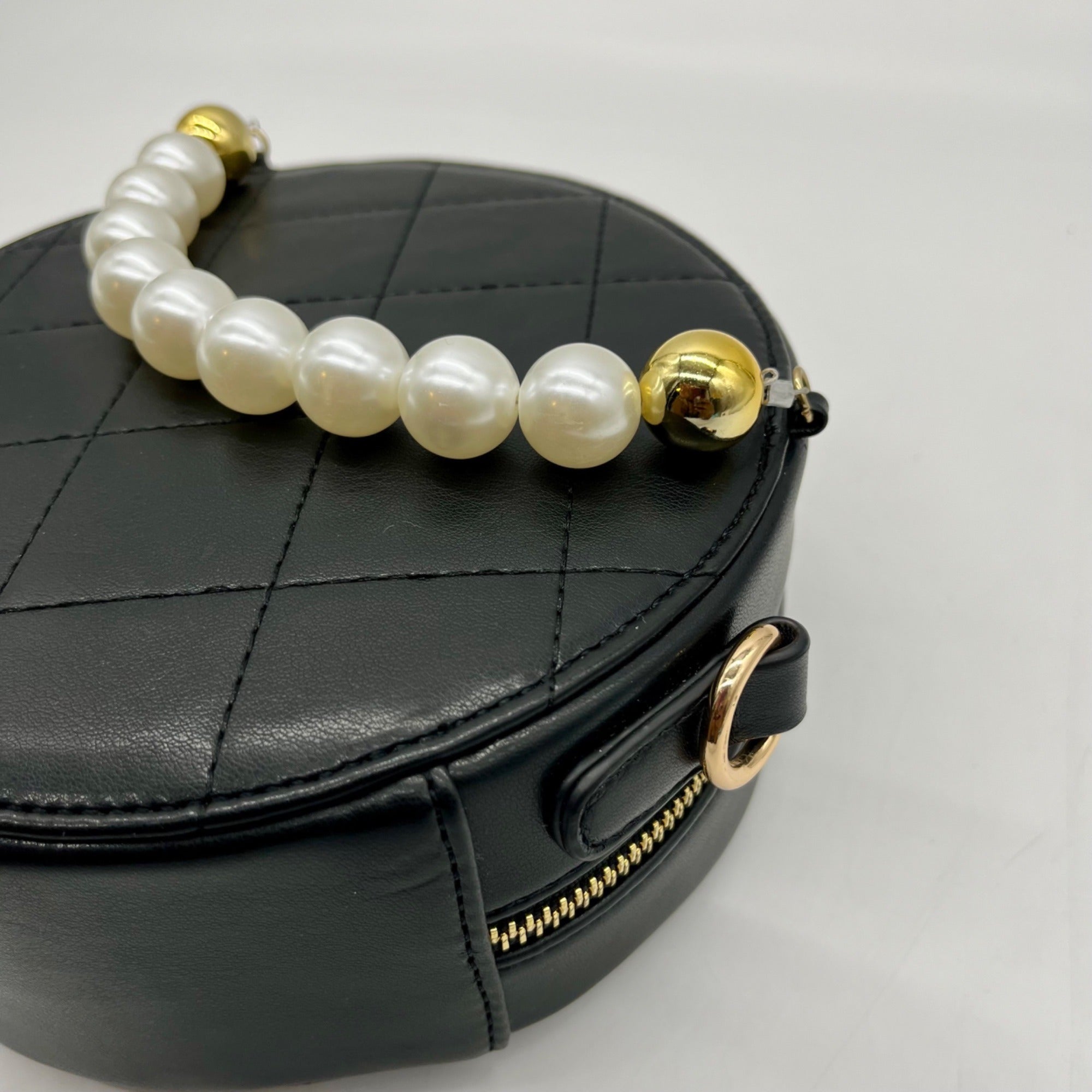 MMS Brands Black Quilted Leather Round Clutch With Chain