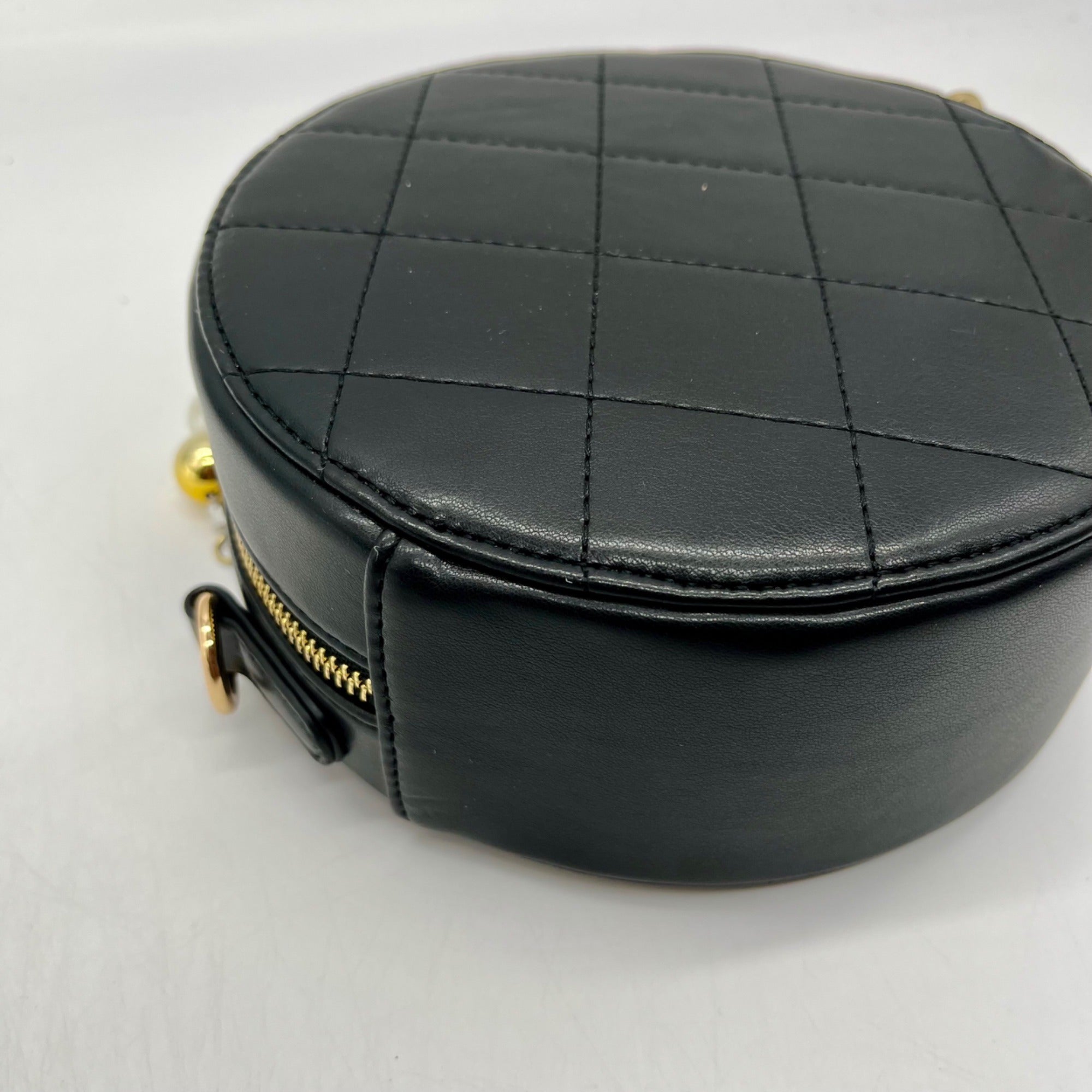 MMS Brands Black Quilted Leather Round Clutch With Chain
