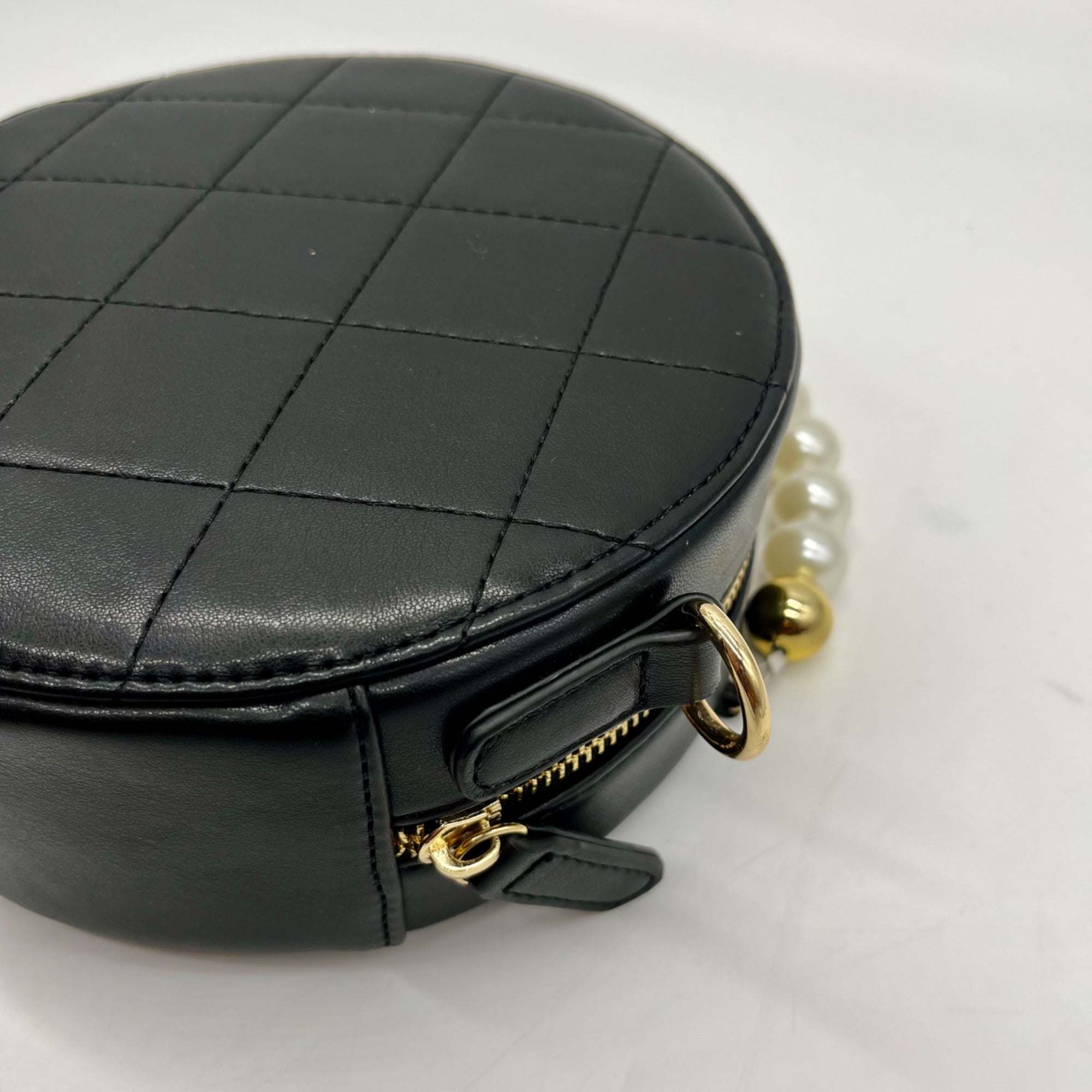 MMS Brands Black Quilted Leather Round Clutch With Chain