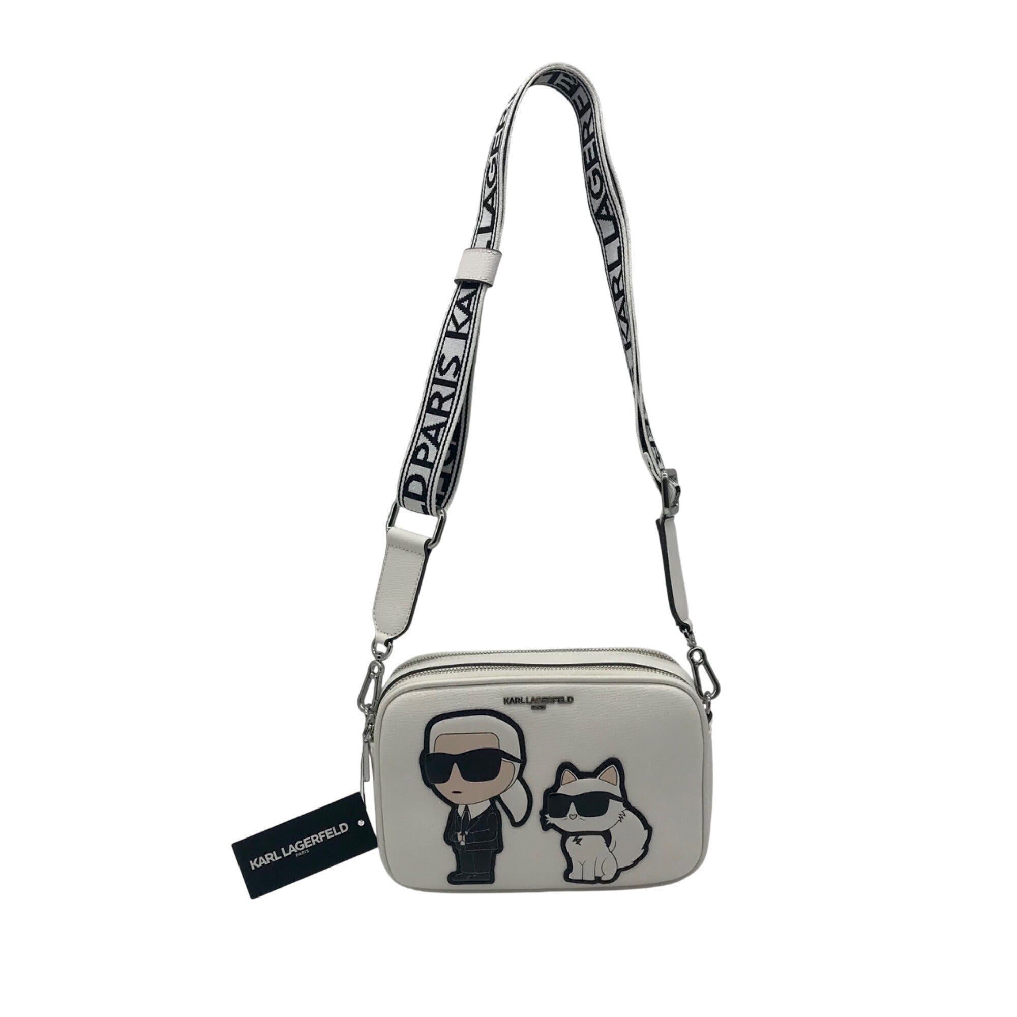 Karl Largerfeld White Pebbled Faux Leather Maybelle Camera Crossbody Bag