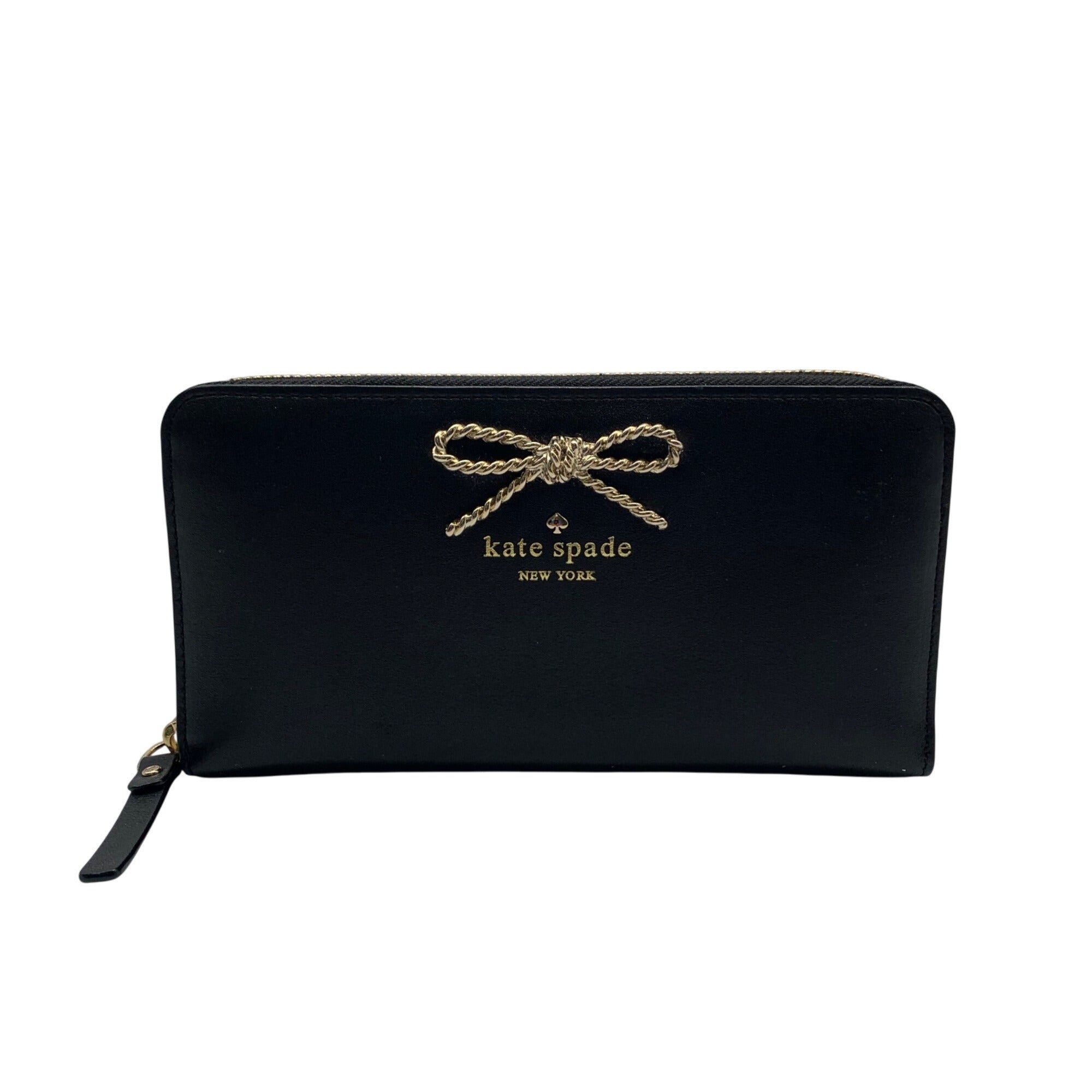 Kate Spade Black Leather Braided Ribbon Long Zip Around Wallet