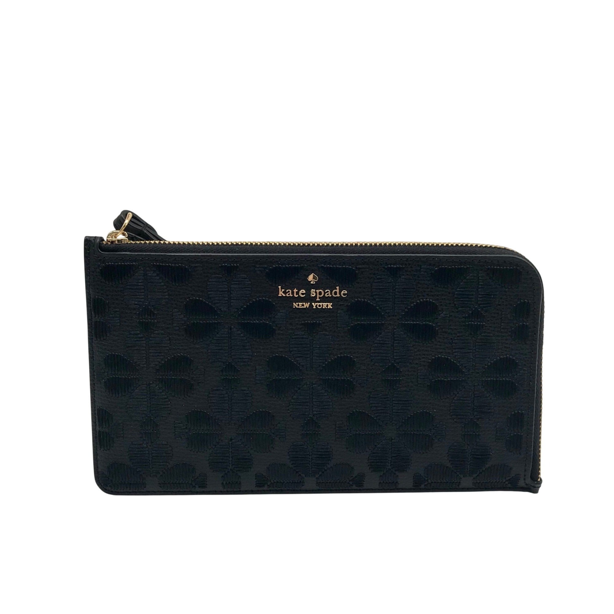 Kate Spade Black Refined Grain Leather Flower Embroidered Medium L-Zip Wristlet