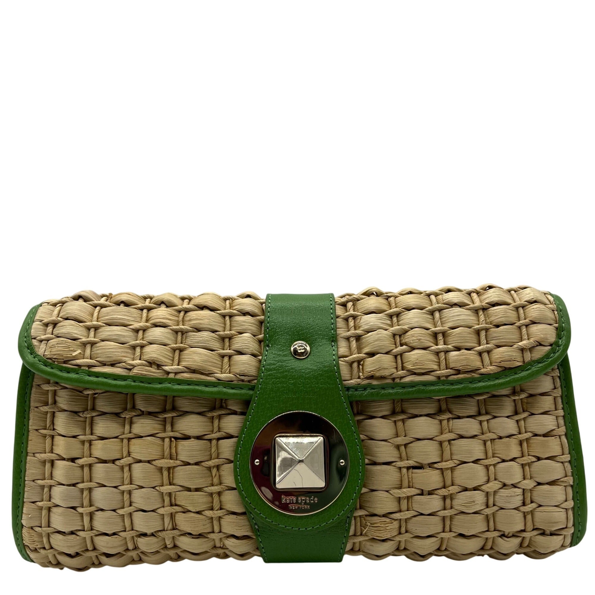 Kate Spade Brown And Green Straw Wicker Ava Clutch 