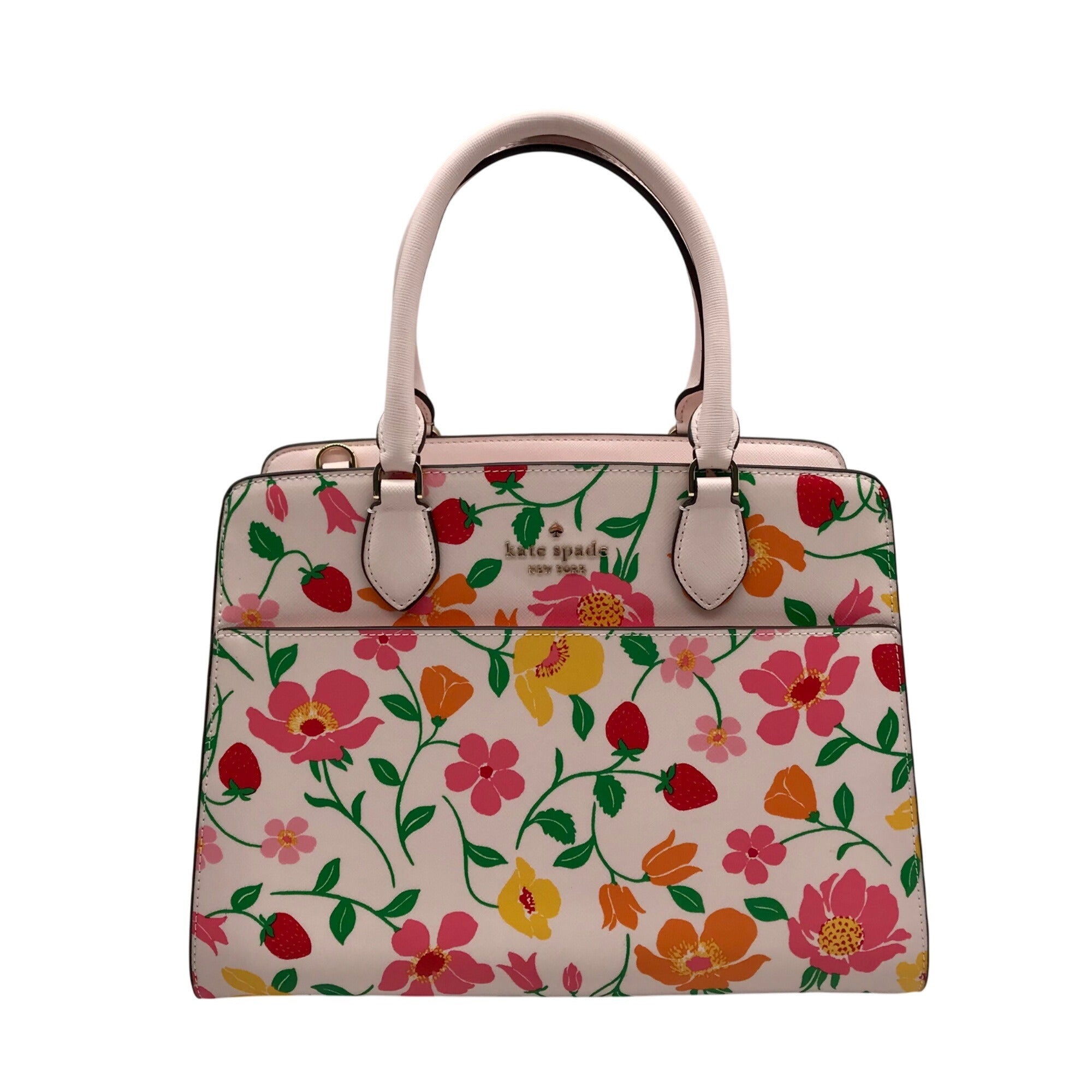 Kate Spade Pink Leather Madison Strawberry Garden Floral Satchel Bag