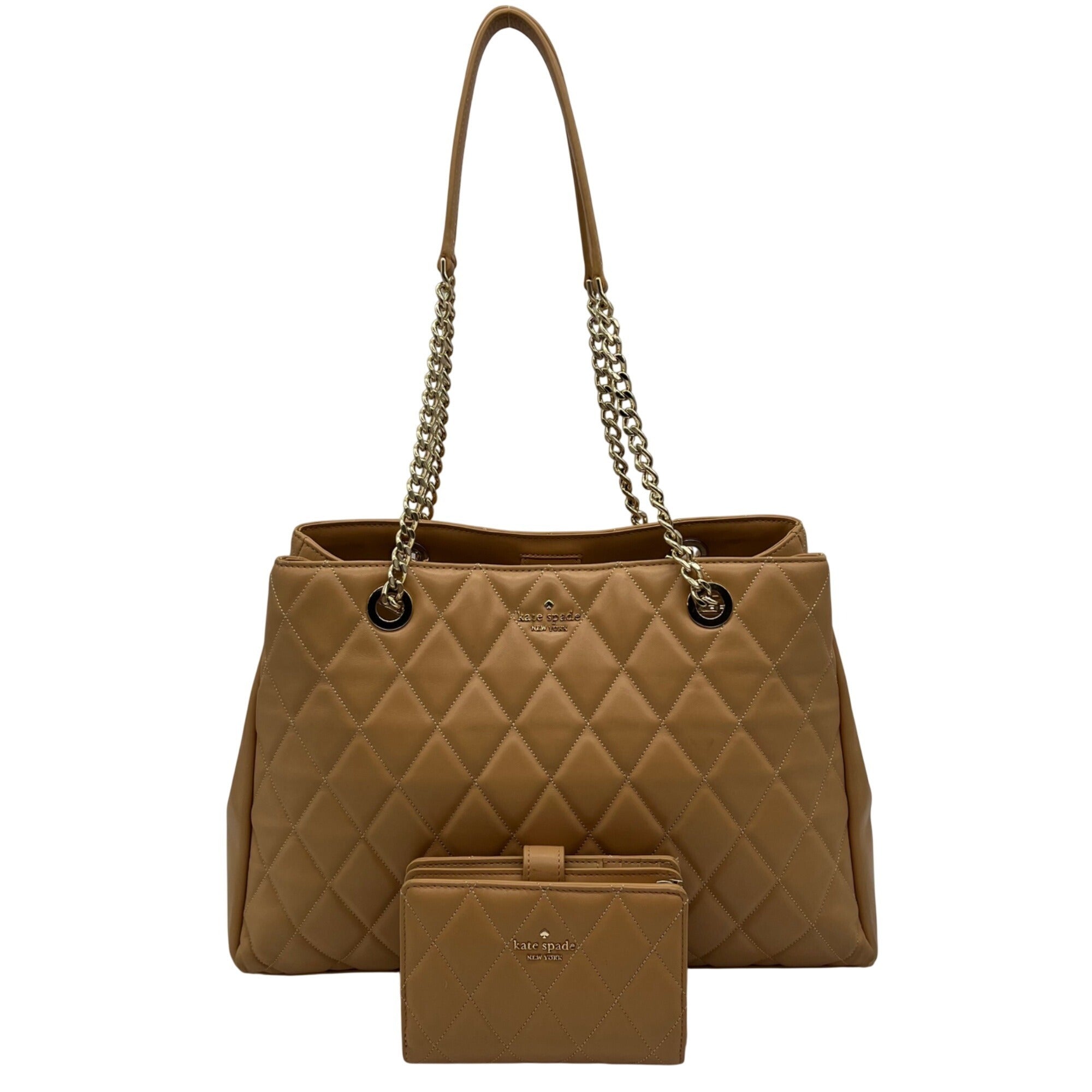 Kate Spade Tan Leather Quilted Tote Bag With Matching Wallet 