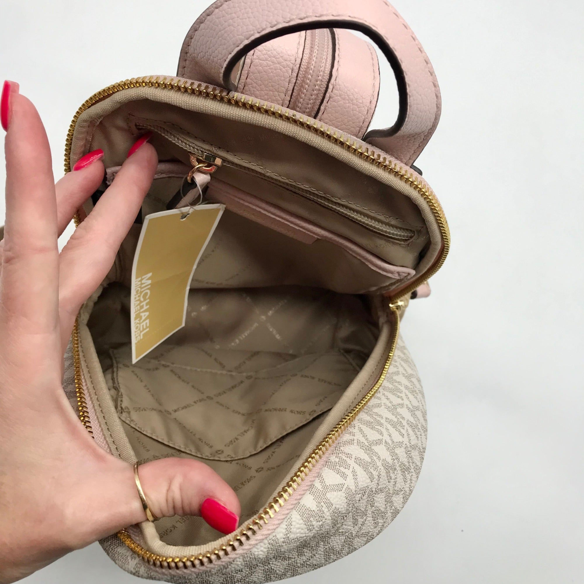 Michael Kors Vanilla And Pink Monogram Logo Erin Backpack Bag