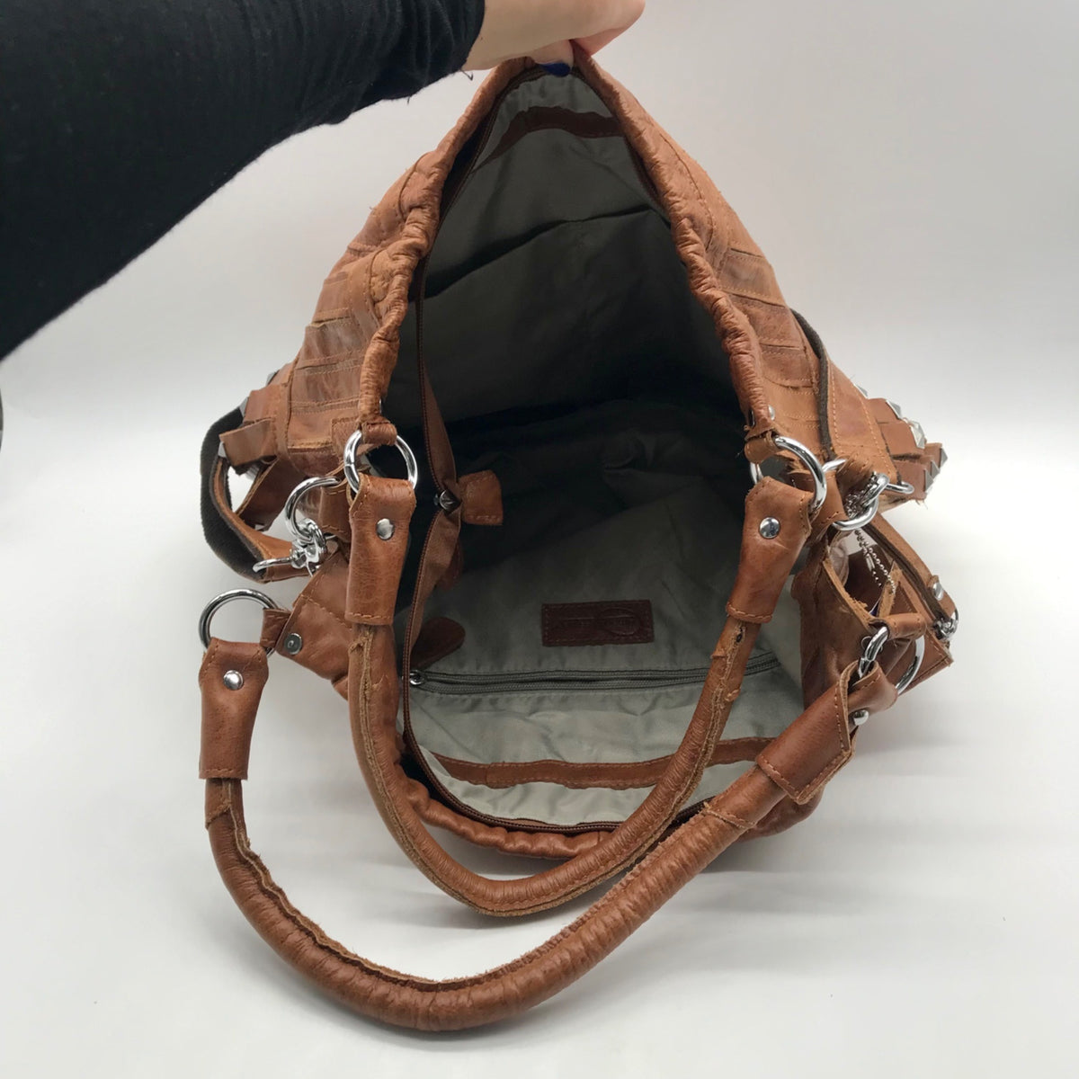 Ameri Leather Brown Studded Tutu Leather Shoulder Bag