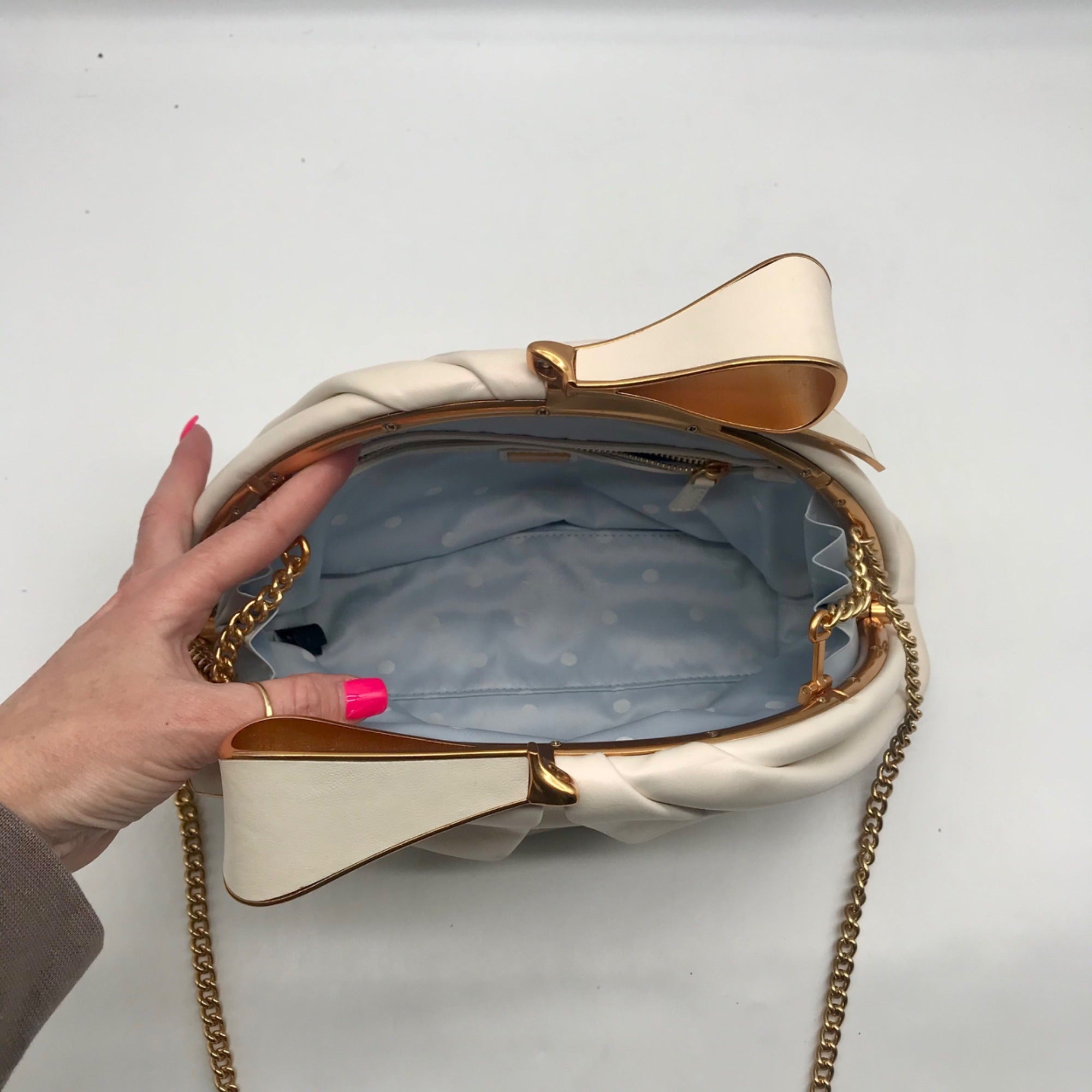 Kate Spade White Bridal Pearlized Leather Bow Frame Crossbody Bag