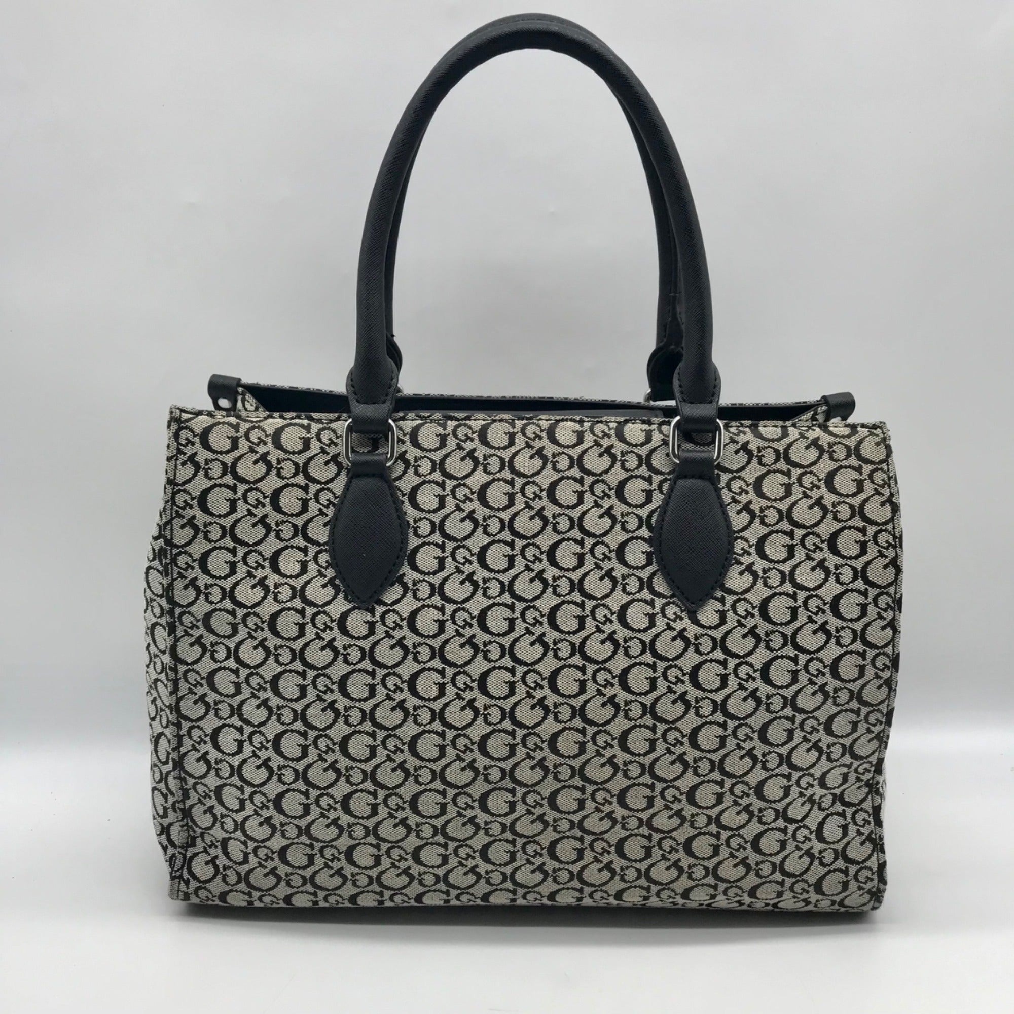 Guess Gray &amp; Black Monogram Canvas Satchel Bag