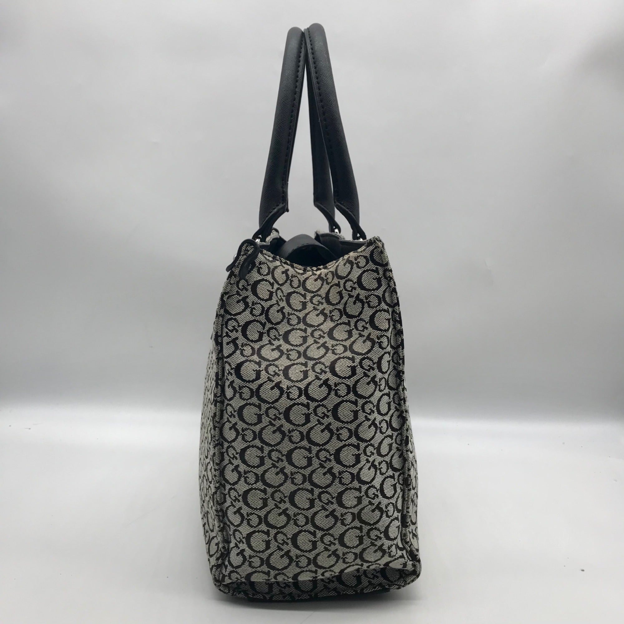 Guess Gray &amp; Black Monogram Canvas Satchel Bag