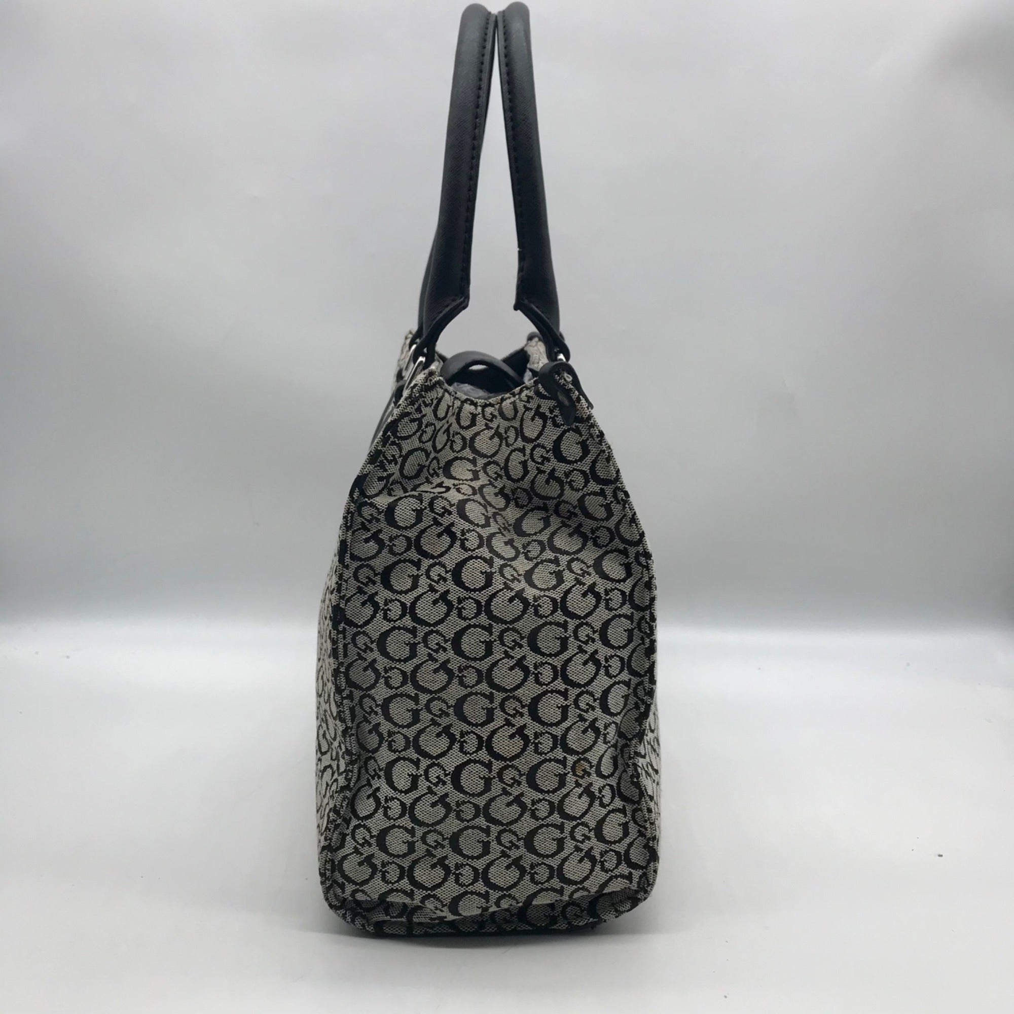 Guess Gray &amp; Black Monogram Canvas Satchel Bag
