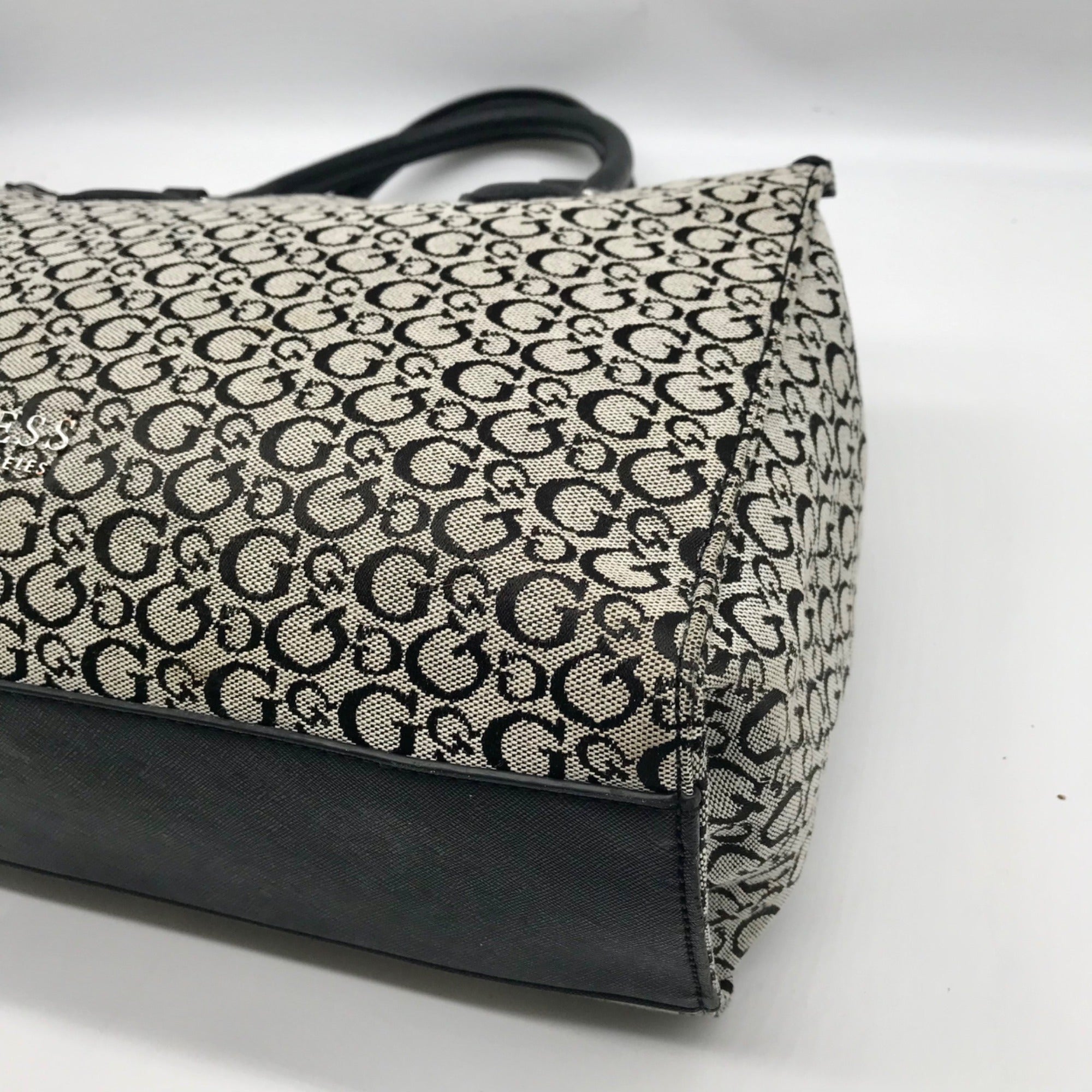 Guess Gray &amp; Black Monogram Canvas Satchel Bag