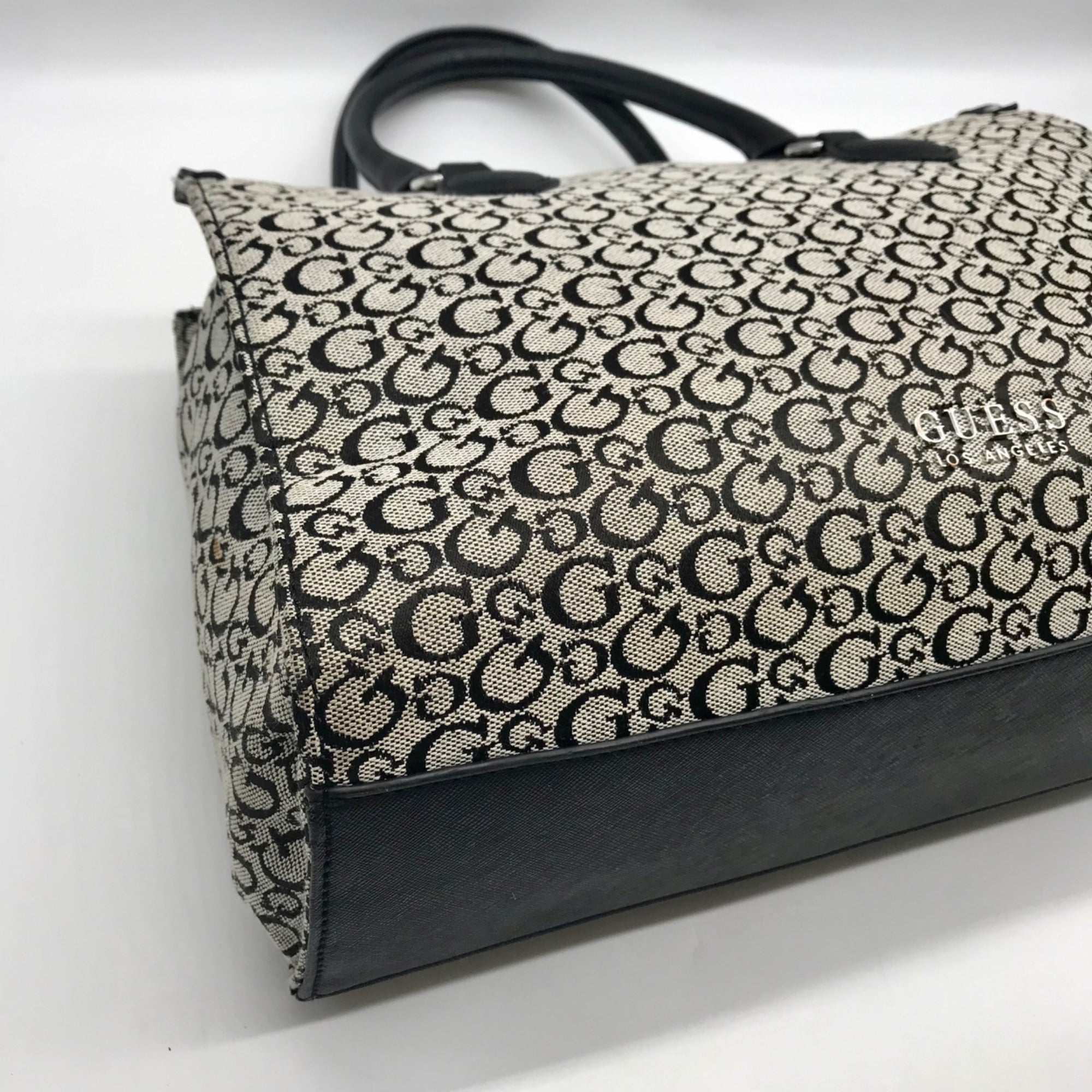 Guess Gray &amp; Black Monogram Canvas Satchel Bag