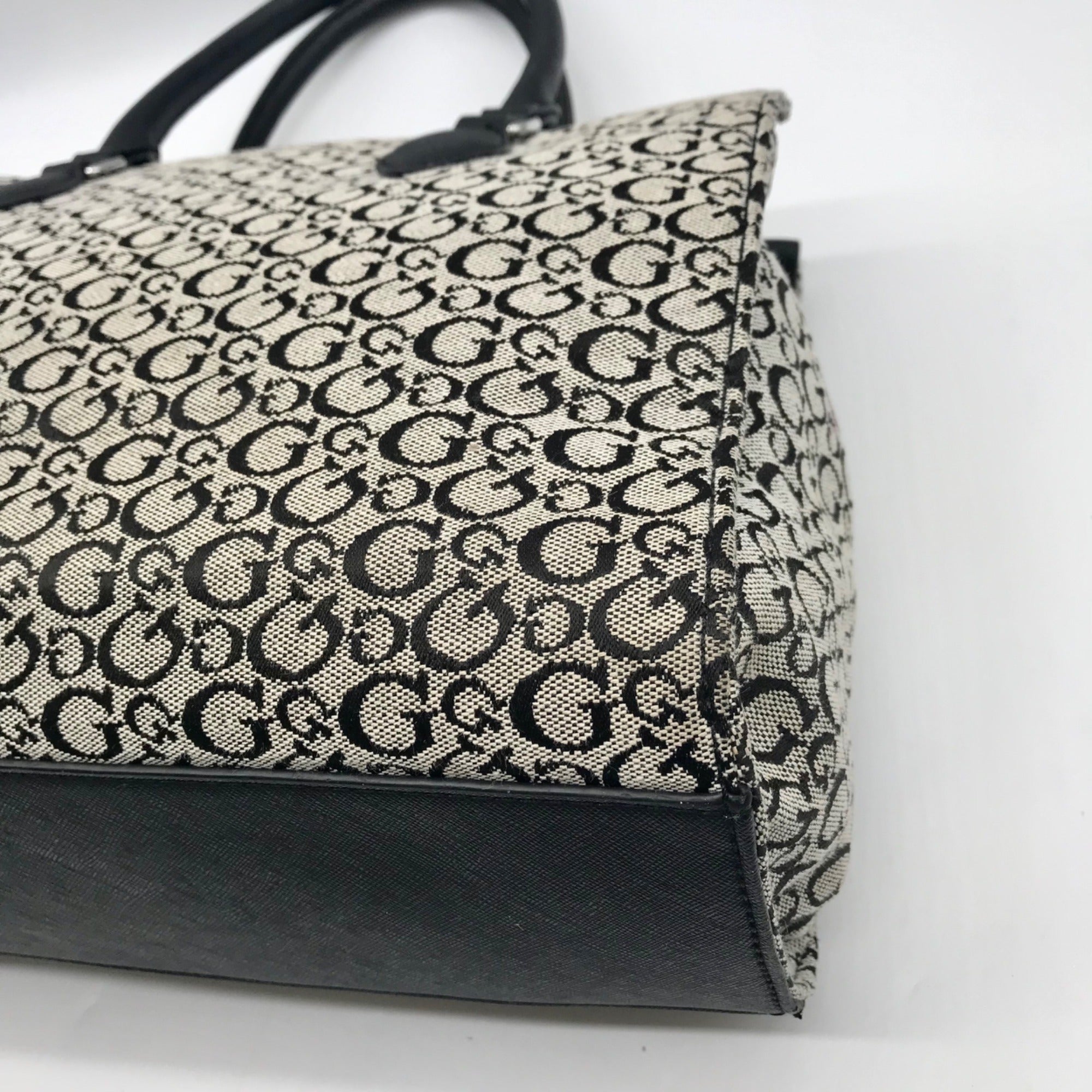 Guess Gray &amp; Black Monogram Canvas Satchel Bag