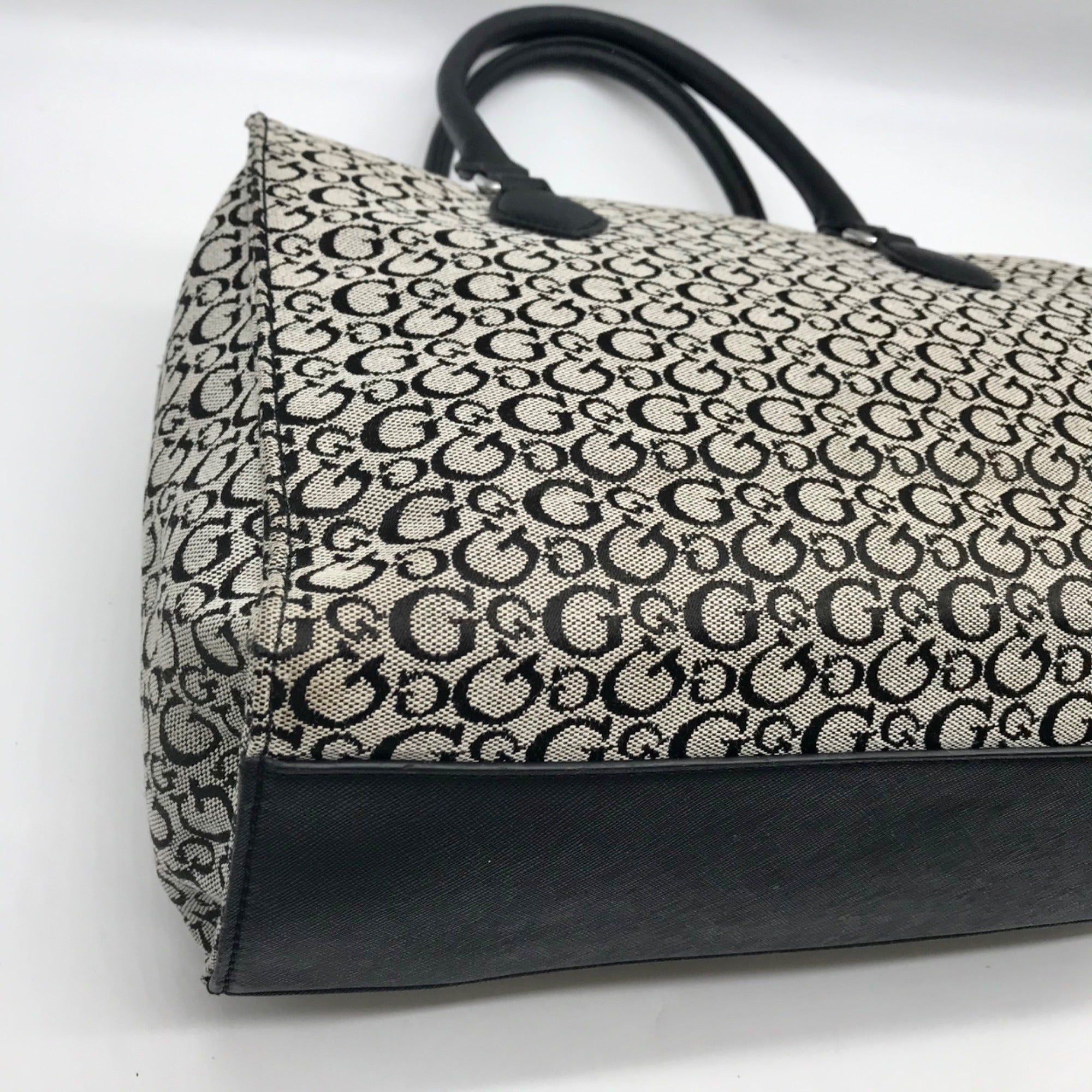 Guess Gray &amp; Black Monogram Canvas Satchel Bag