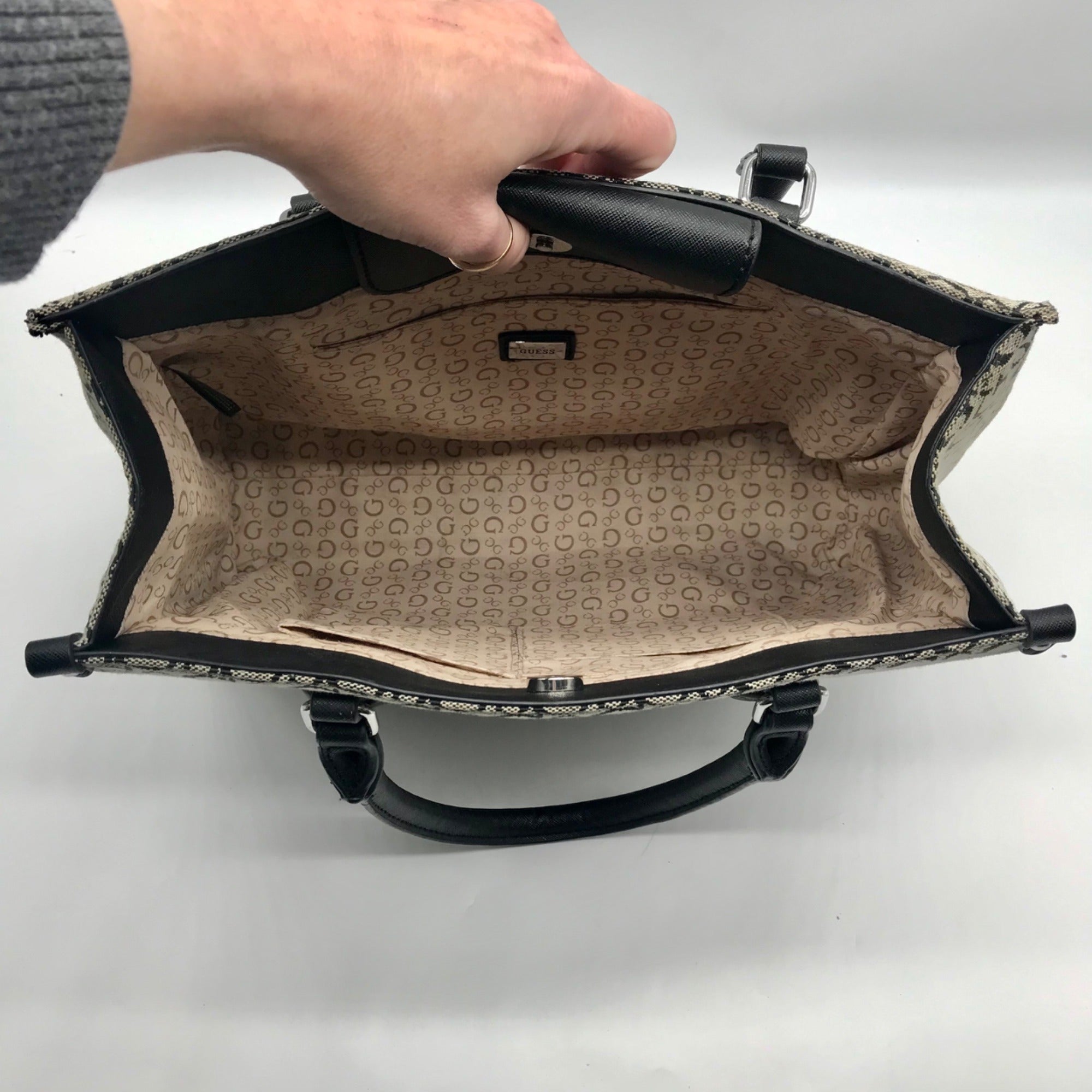 Guess Gray &amp; Black Monogram Canvas Satchel Bag