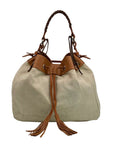 Doncaster Tan fabric & Leather Drawstring Hobo Bag