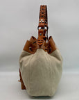 Doncaster Tan fabric & Leather Drawstring Hobo Bag