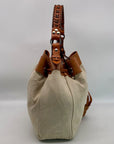 Doncaster Tan fabric & Leather Drawstring Hobo Bag