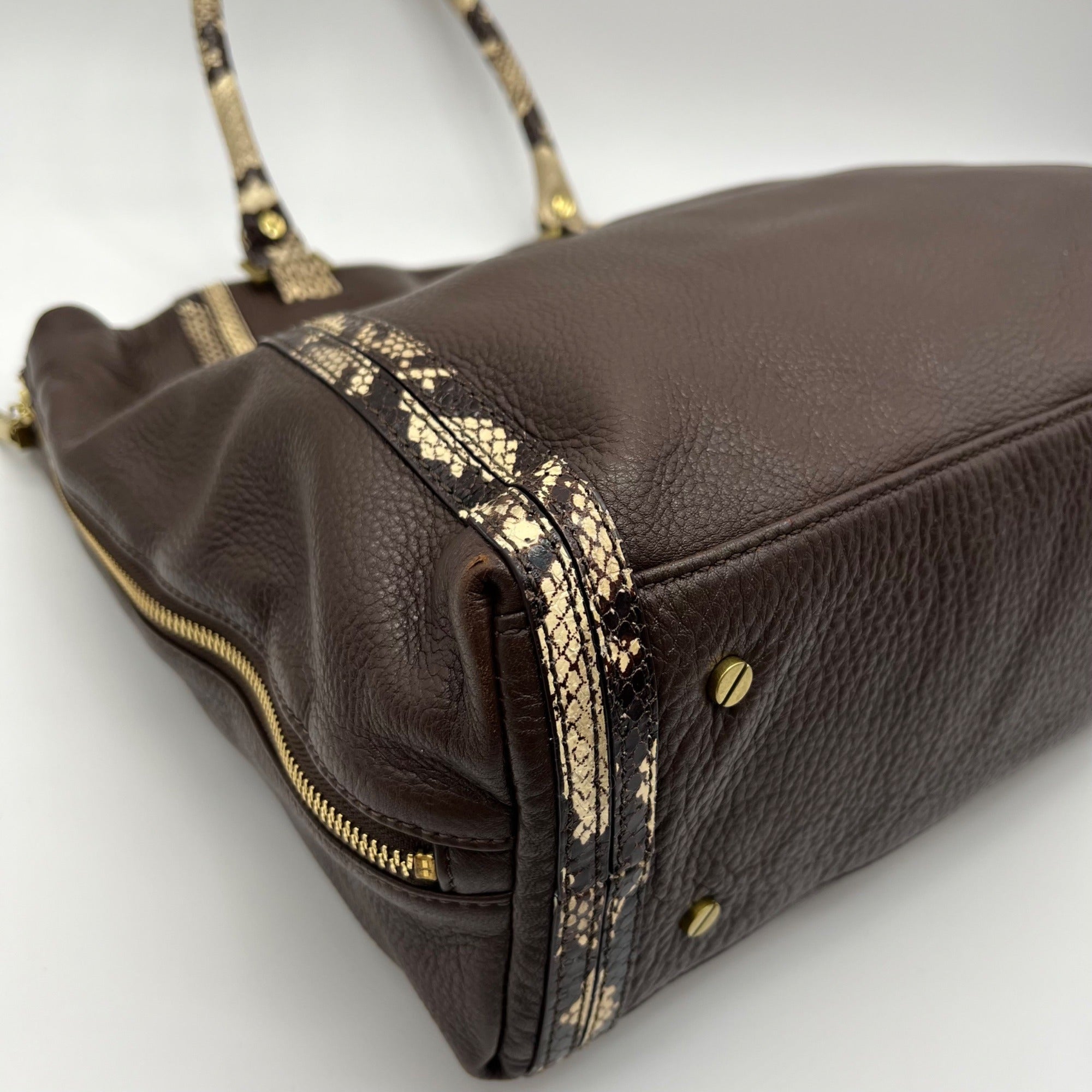Tory Burch Brown Pebbled Leather Snake Embossed Tote Bag