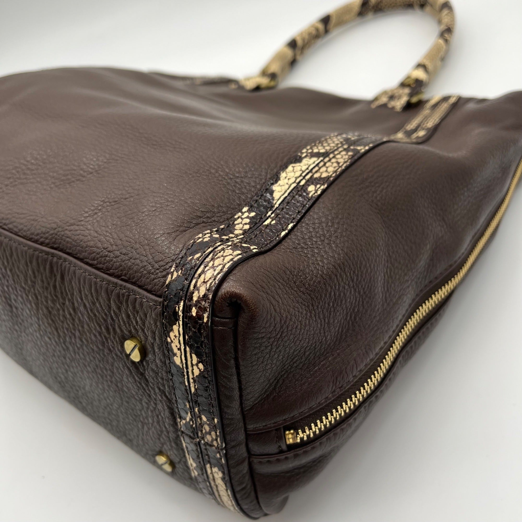 Tory Burch Brown Pebbled Leather Snake Embossed Tote Bag