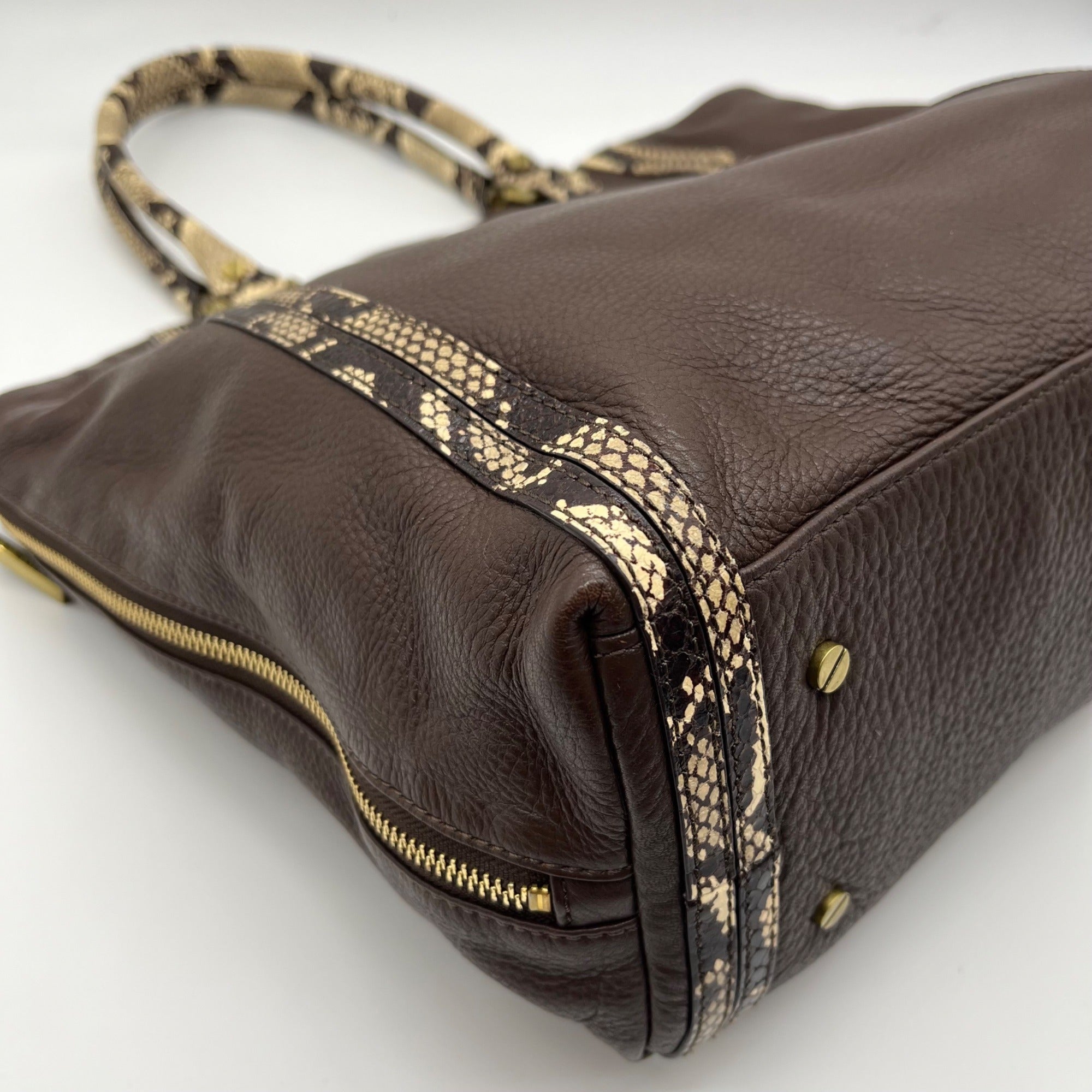 Tory Burch Brown Pebbled Leather Snake Embossed Tote Bag