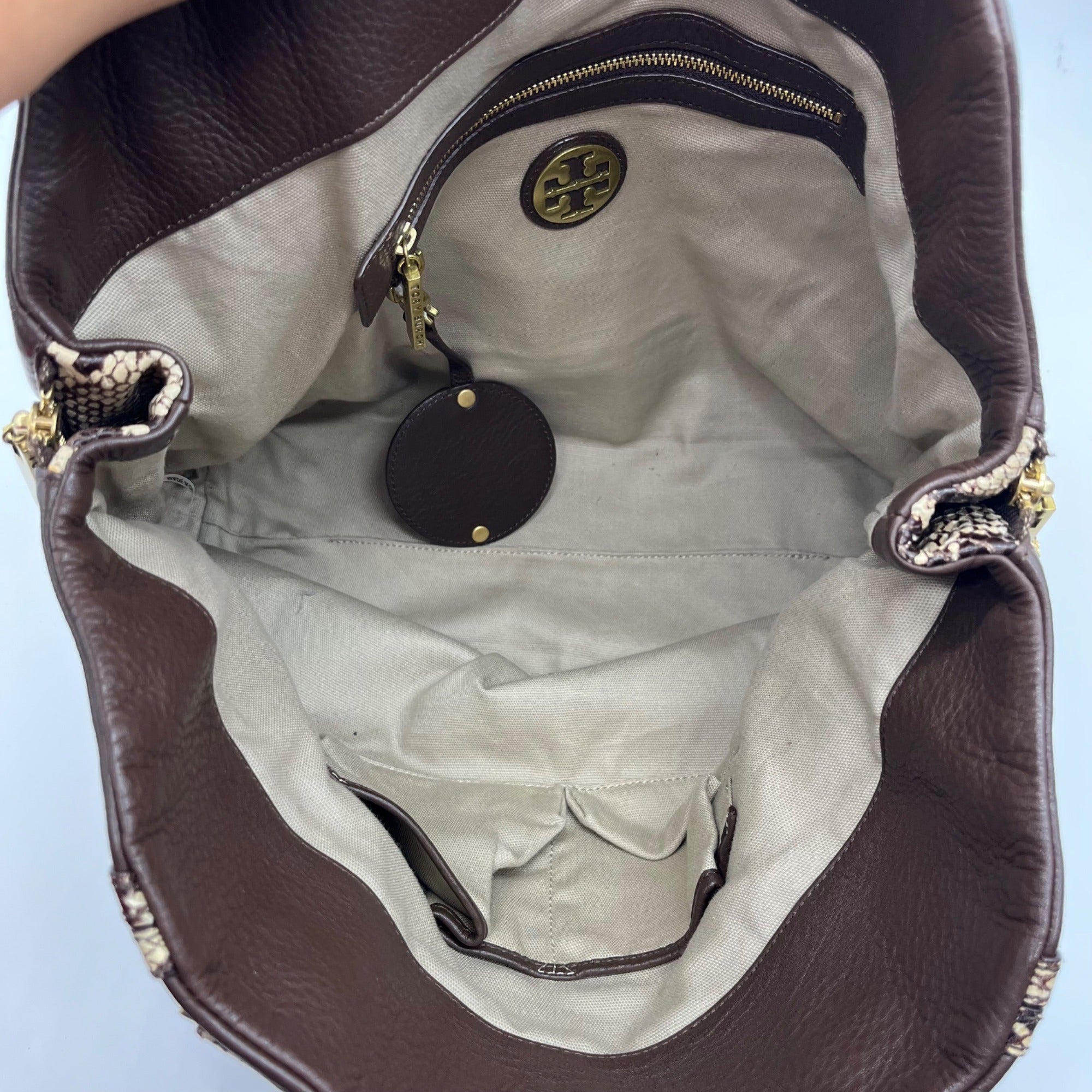 Tory Burch Brown Pebbled Leather Snake Embossed Tote Bag