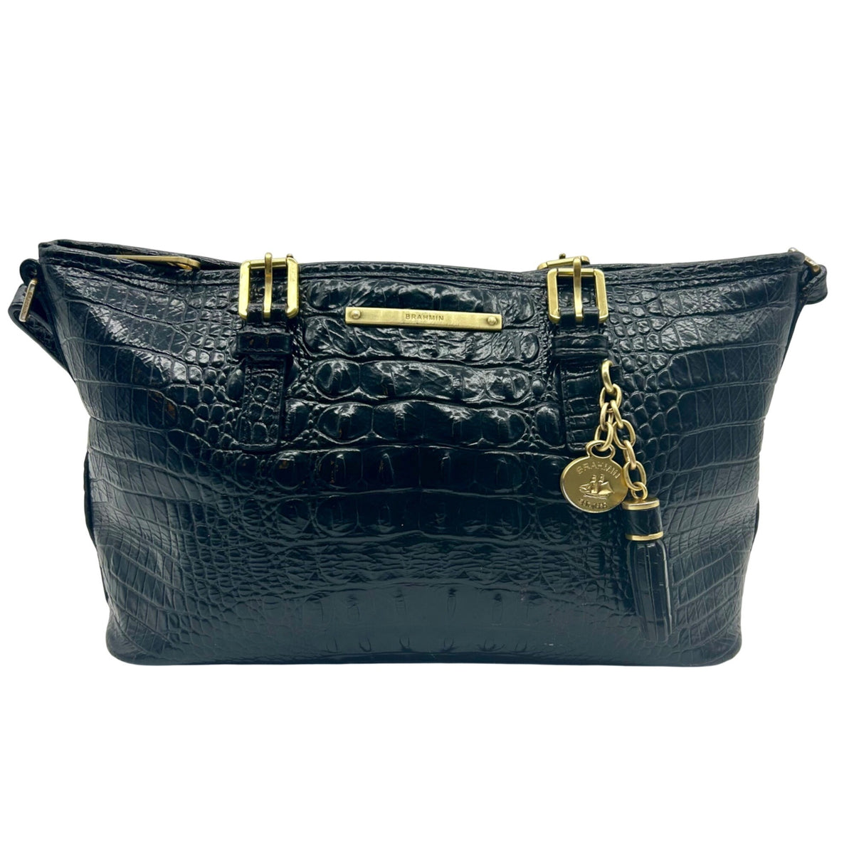 Brahmin Black Croc-Embossed Leather Mini Asher Shoulder Bag