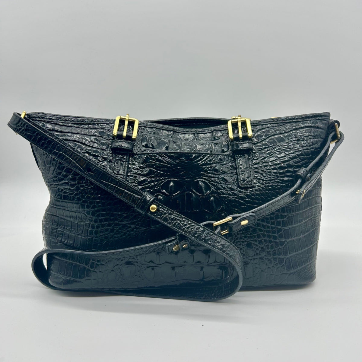 Brahmin Black Croc-Embossed Leather Mini Asher Shoulder Bag