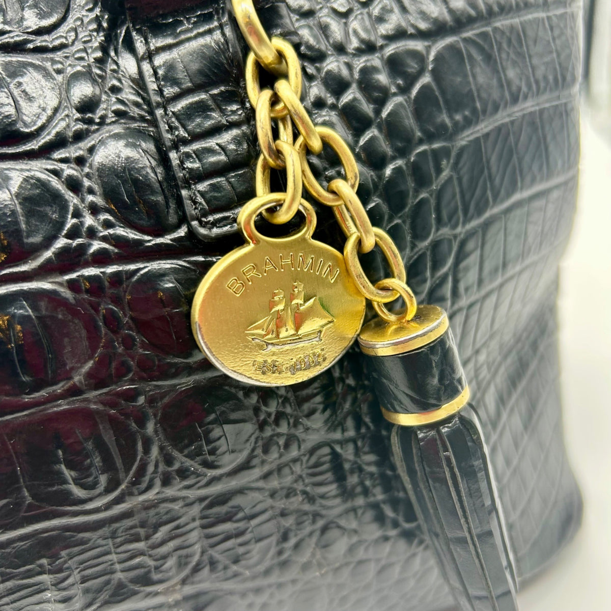 Brahmin Black Croc-Embossed Leather Mini Asher Shoulder Bag