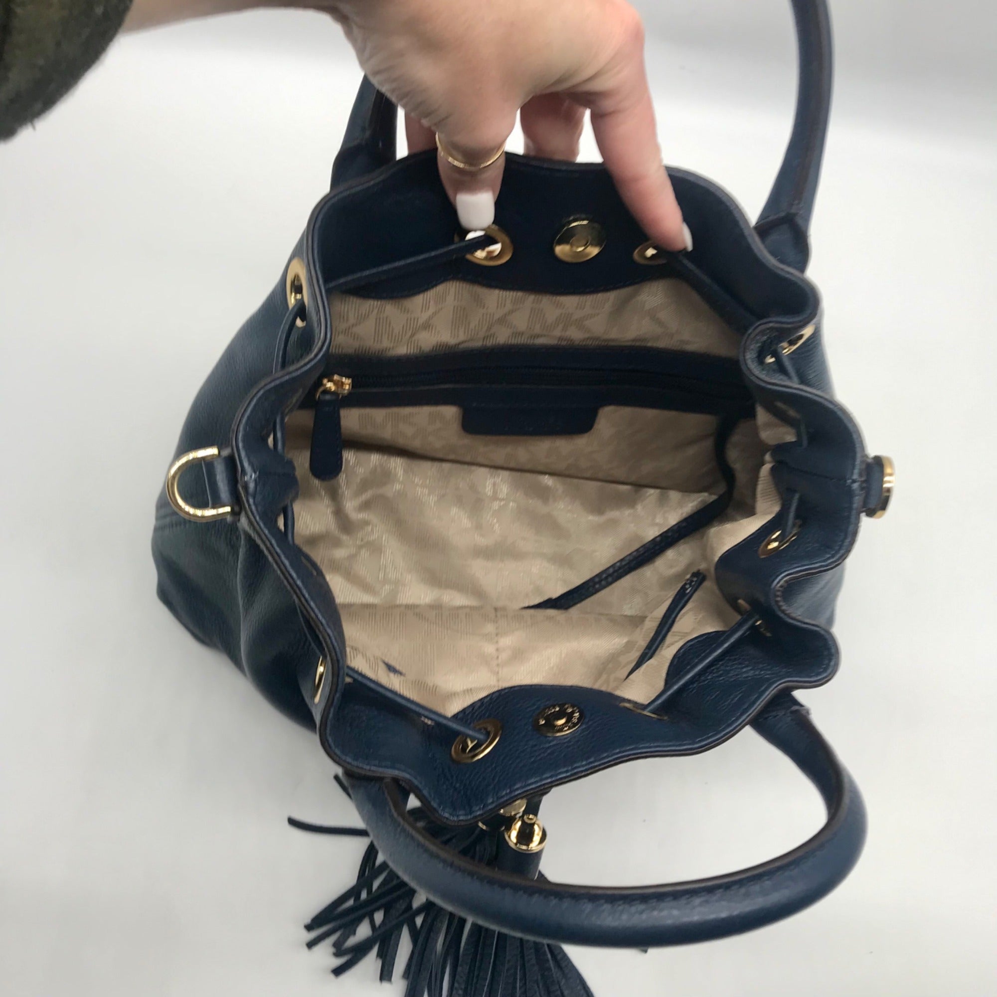 Michael Kors Blue Leather Camden Large Drawstring Satchel