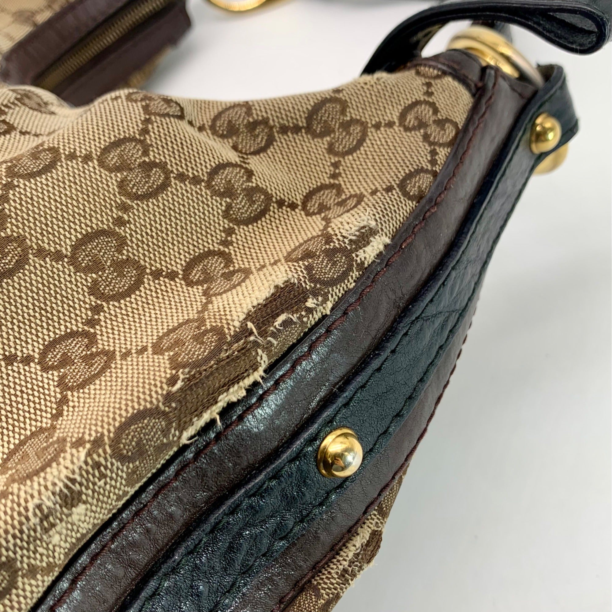 Gucci Tan &amp; Brown Monogram Canvas Biba Studded Hobo Bag