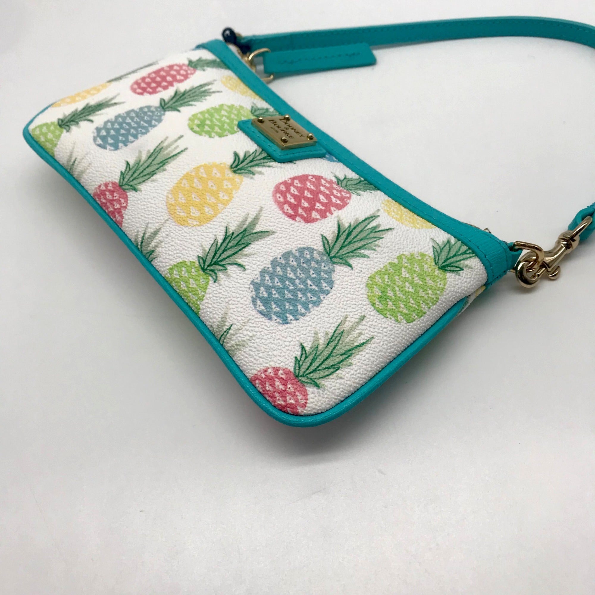 Dooney &amp; Bourke White &amp; Turquoise Leather Pineapple Tiki Slim Wristlet