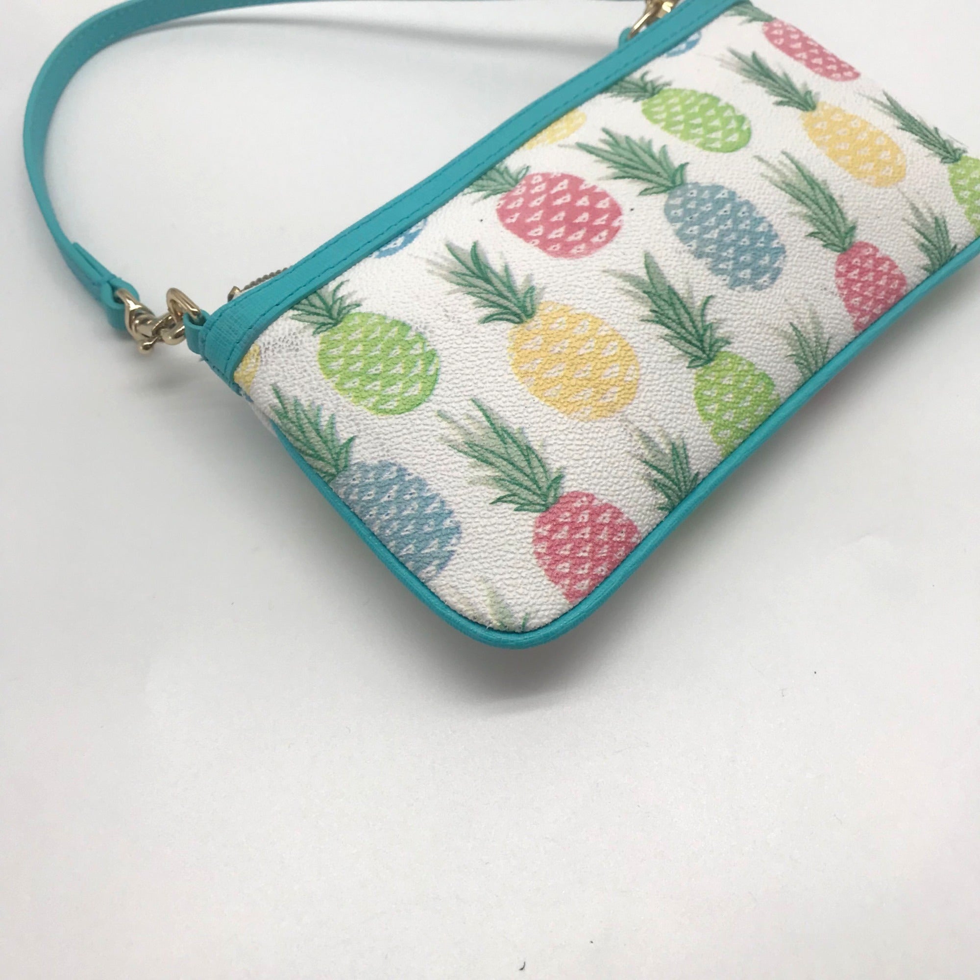 Dooney &amp; Bourke White &amp; Turquoise Leather Pineapple Tiki Slim Wristlet