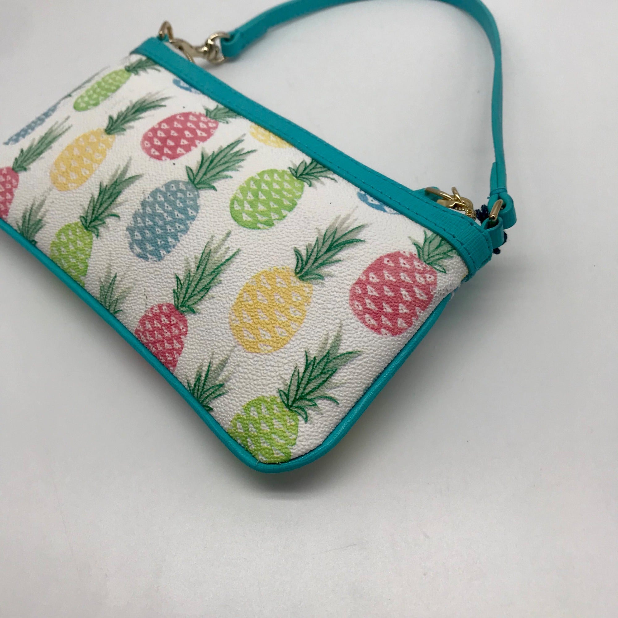 Dooney &amp; Bourke White &amp; Turquoise Leather Pineapple Tiki Slim Wristlet