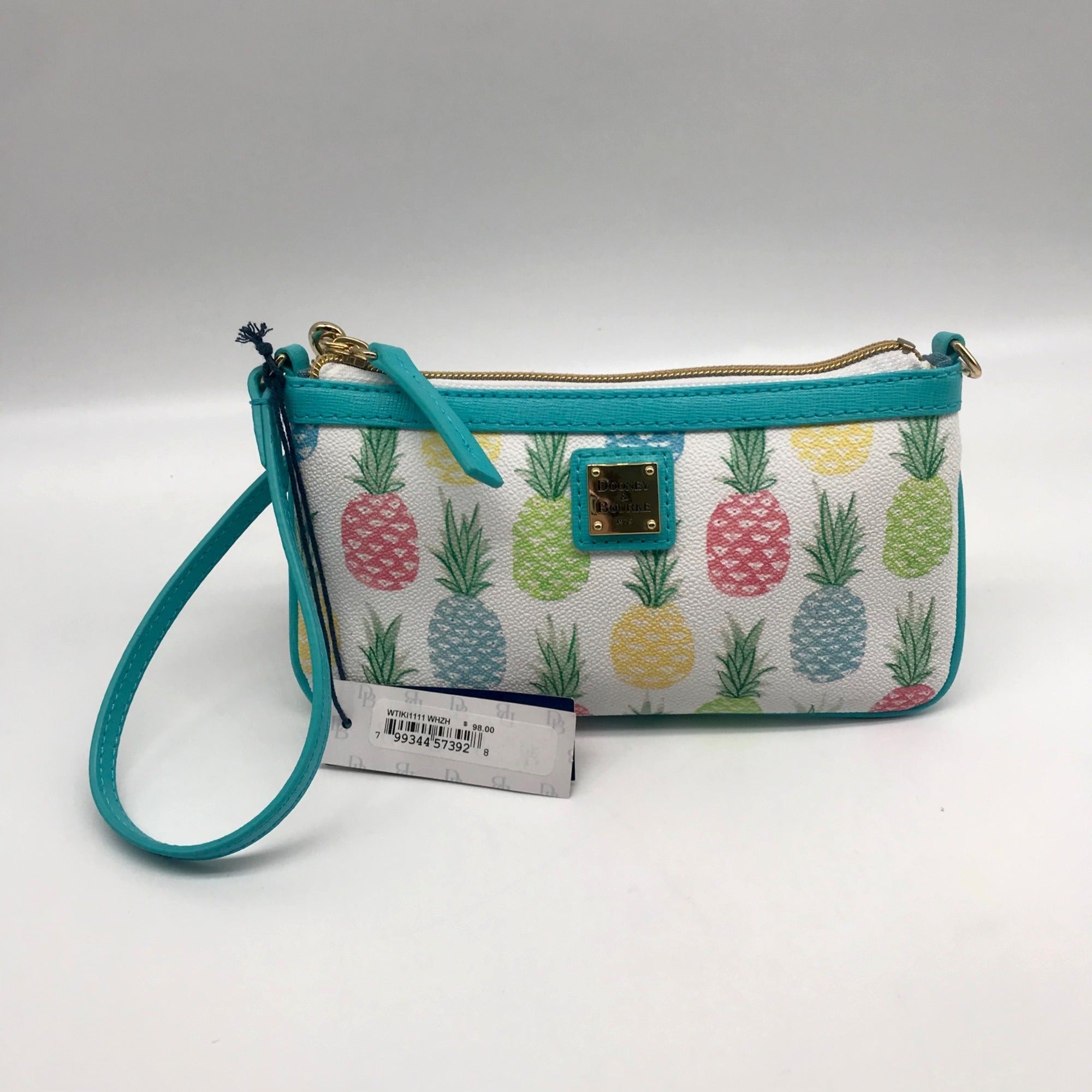 Dooney &amp; Bourke White &amp; Turquoise Leather Pineapple Tiki Slim Wristlet