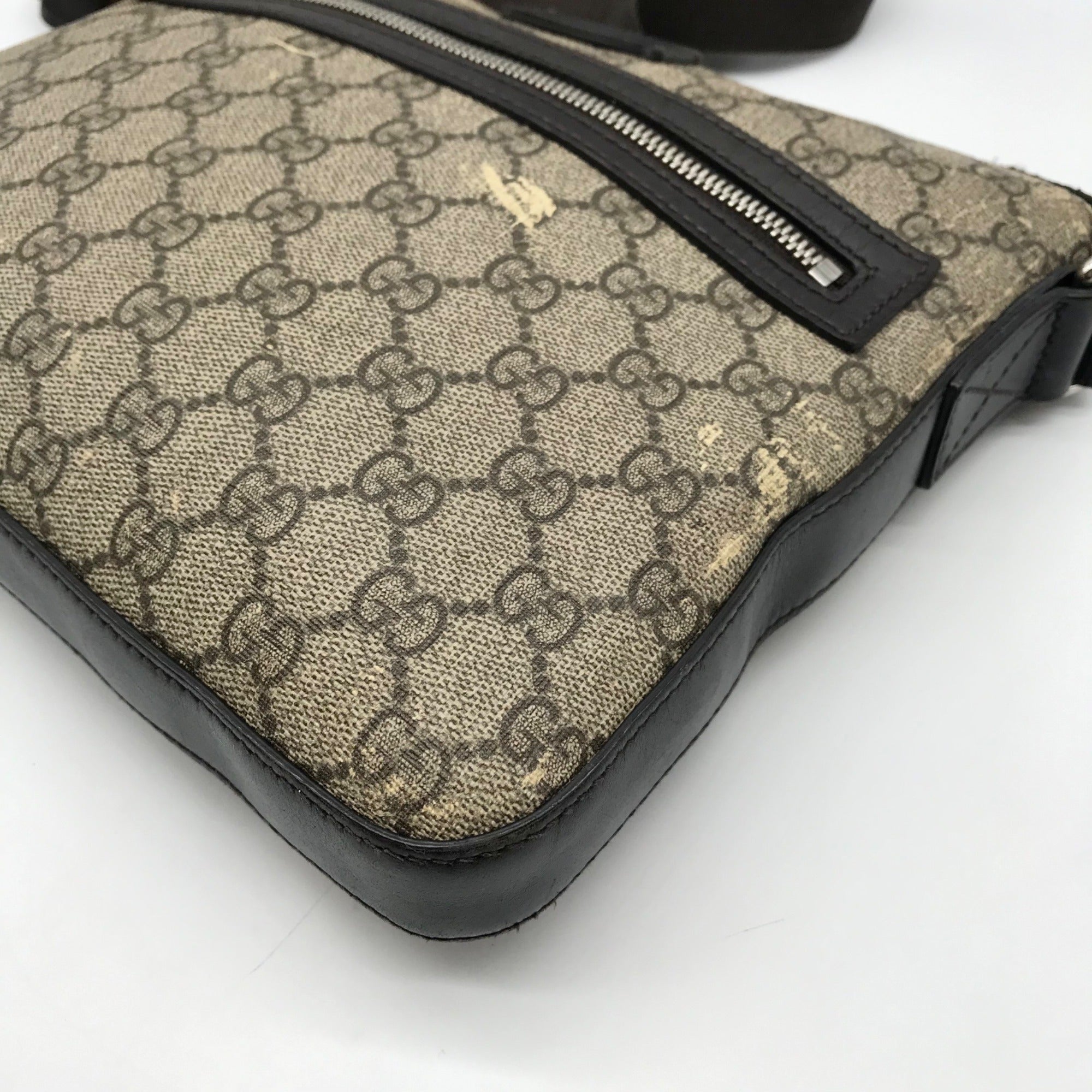 Gucci Dark Brown Leather and Signature GG Supreme Canvas Crossbody Bag