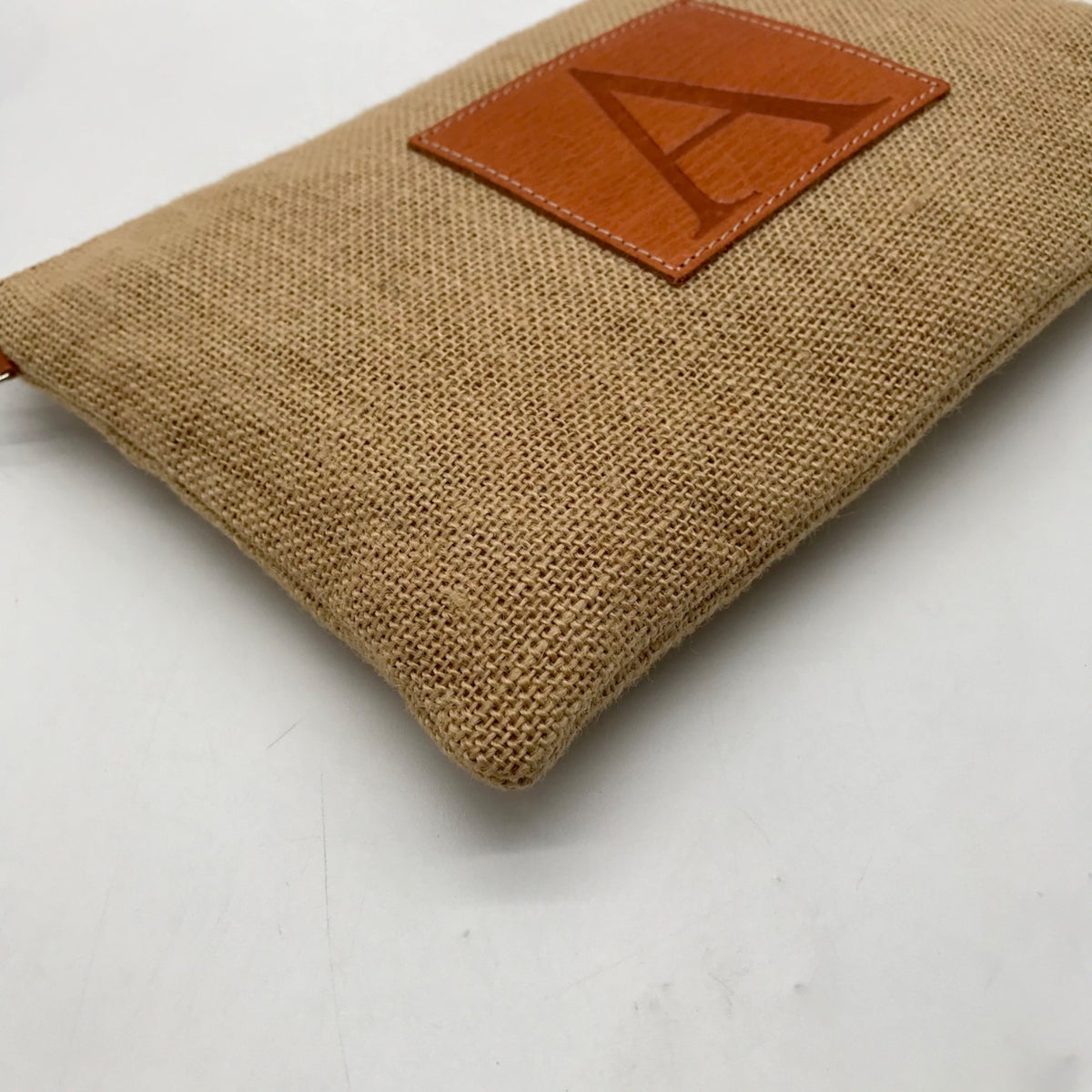 Tan Jute Fabric "A" Branded Patch Shoulder Bag