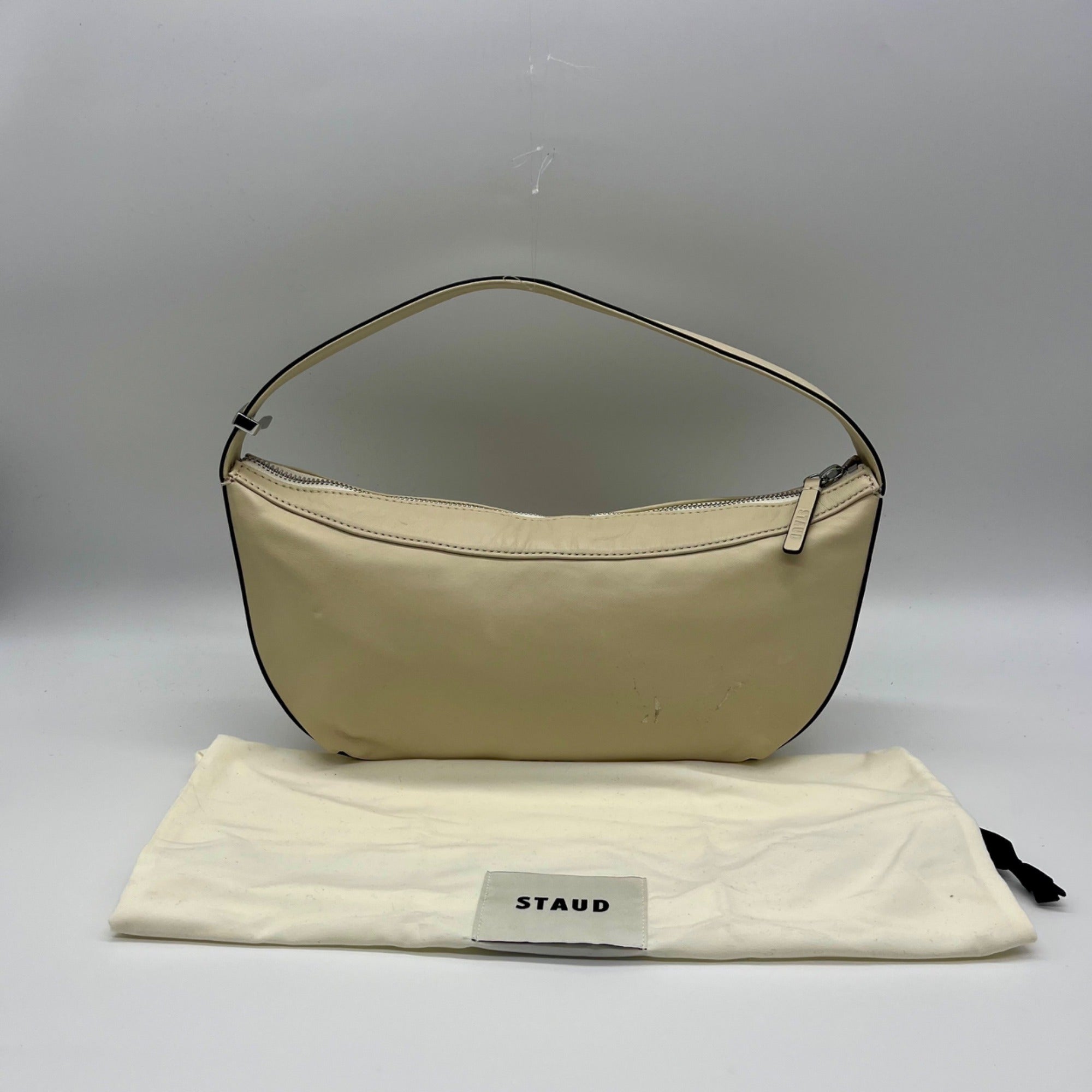 STAUD Beige Leather Demy Zip Shoulder Bag